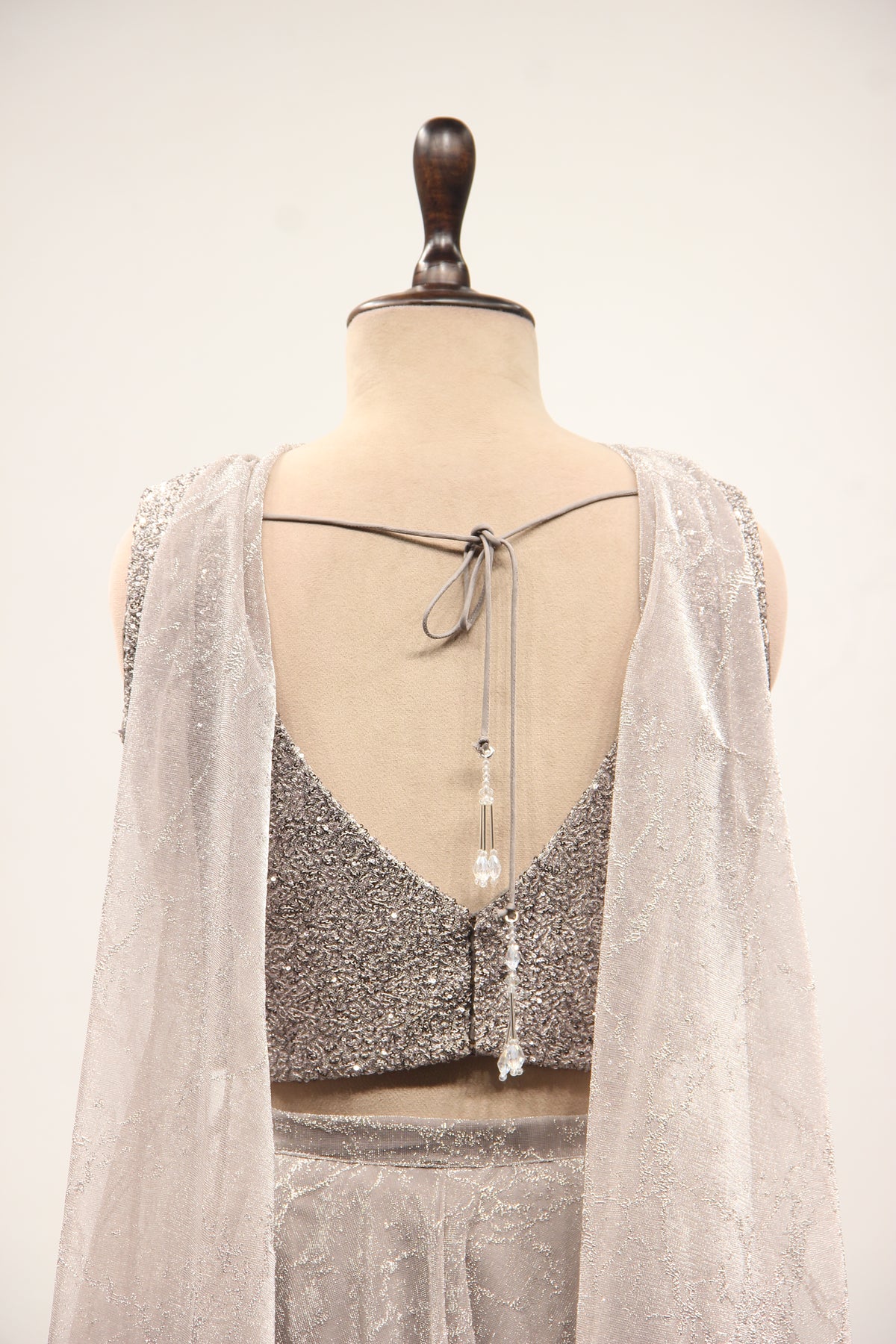 Grey Imported Indo Western Crop Top Palazzo, Hand Embroidery & Stone – back close-up
