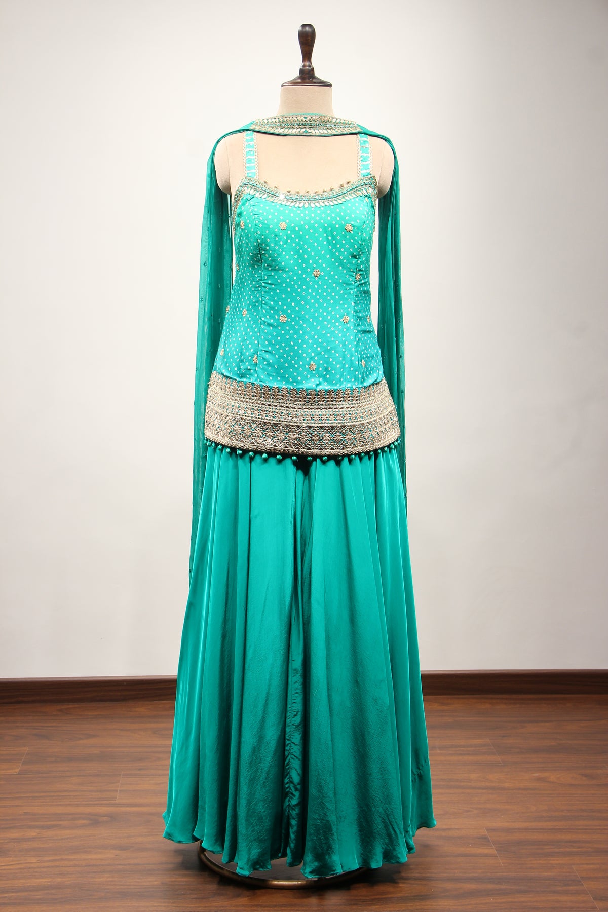 Printed Satin Sharara Suit with Gota Patti Handwork & Choker Dupatta in Green – front view