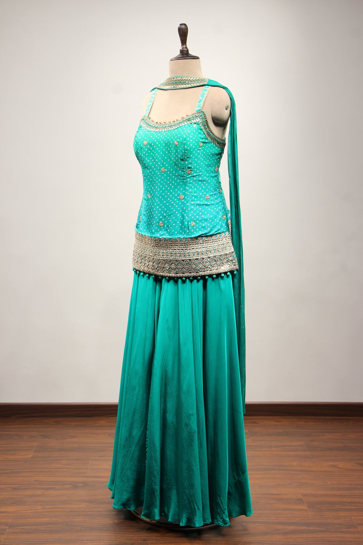 Printed Satin Sharara Suit with Gota Patti Handwork & Choker Dupatta in Green – side view