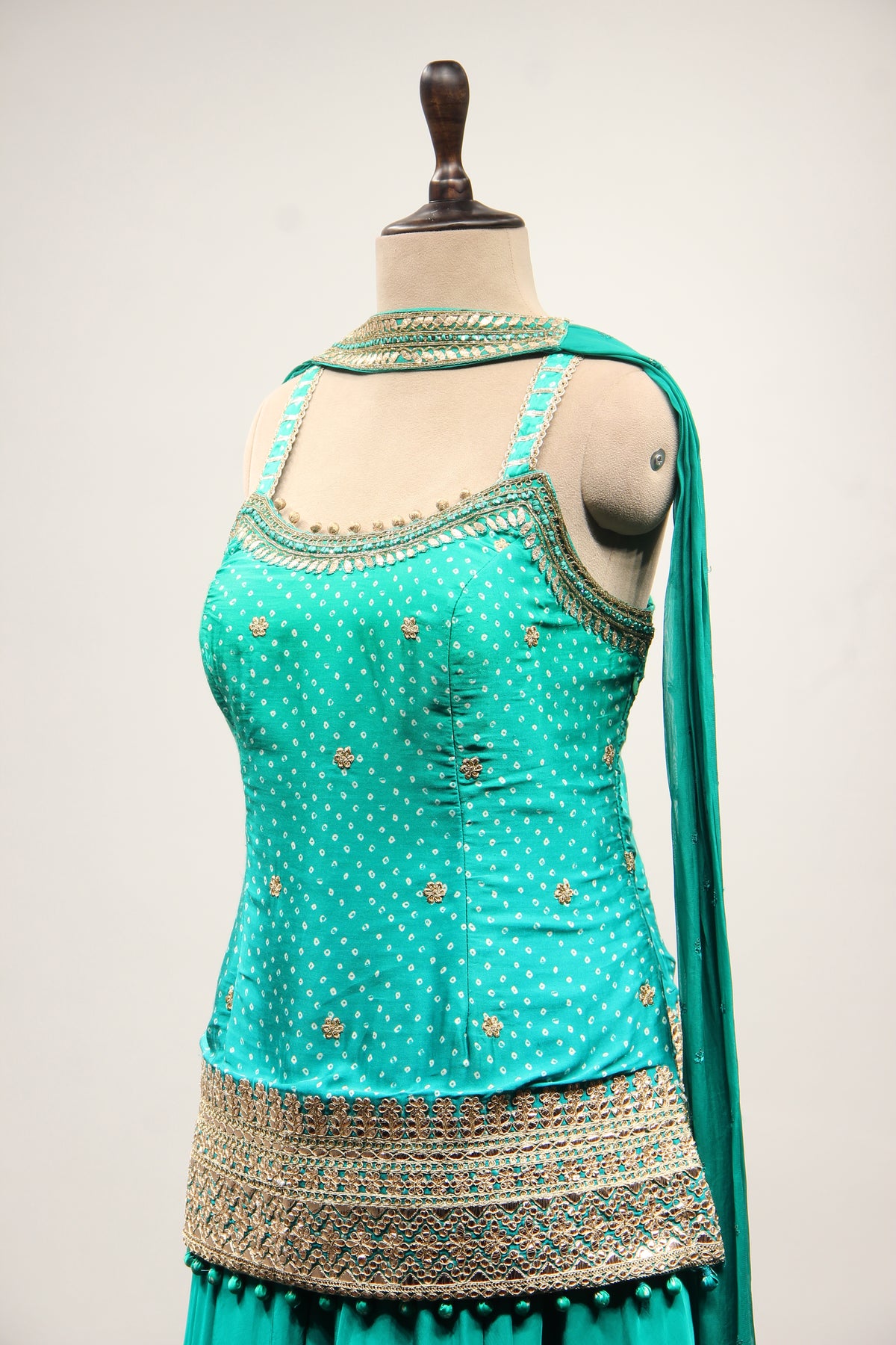 Printed Satin Sharara Suit with Gota Patti Handwork & Choker Dupatta in Green – side close-up