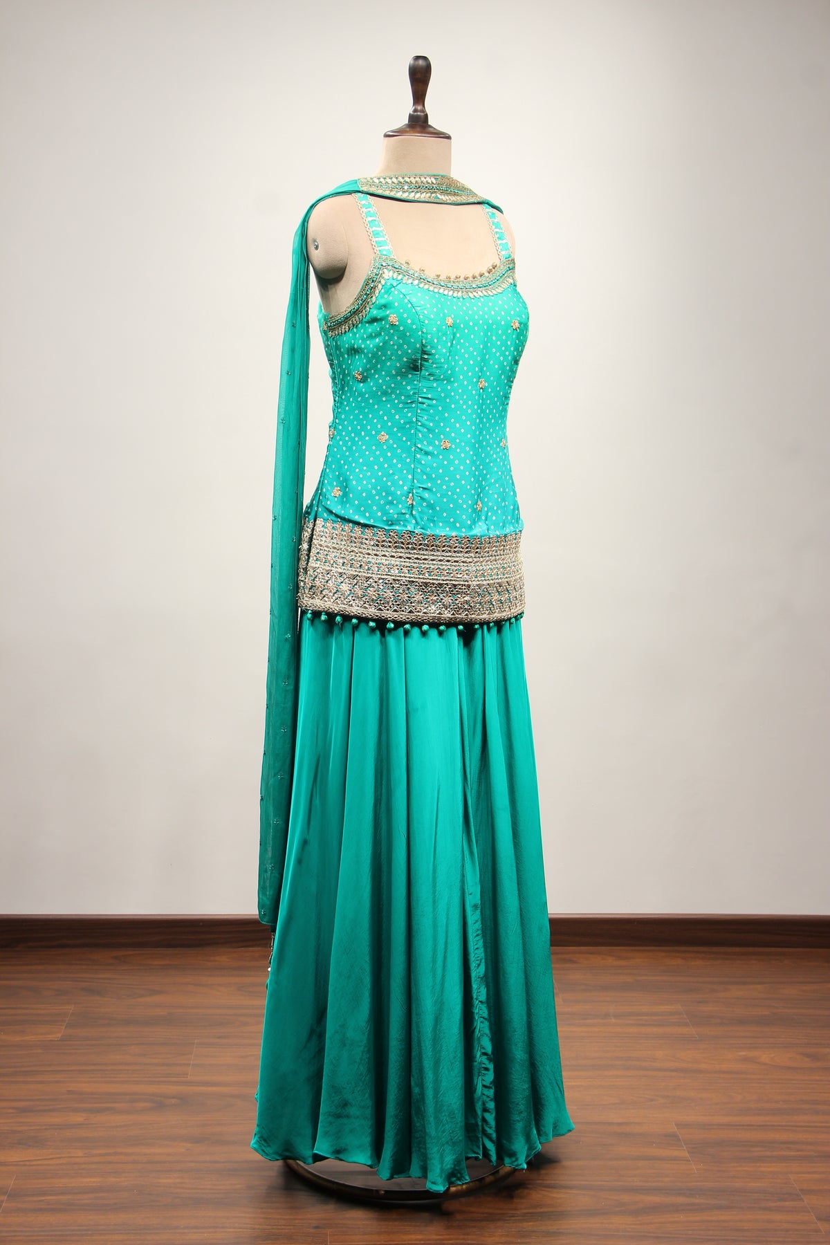 Printed Satin Sharara Suit with Gota Patti Handwork & Choker Dupatta in Green – other side view