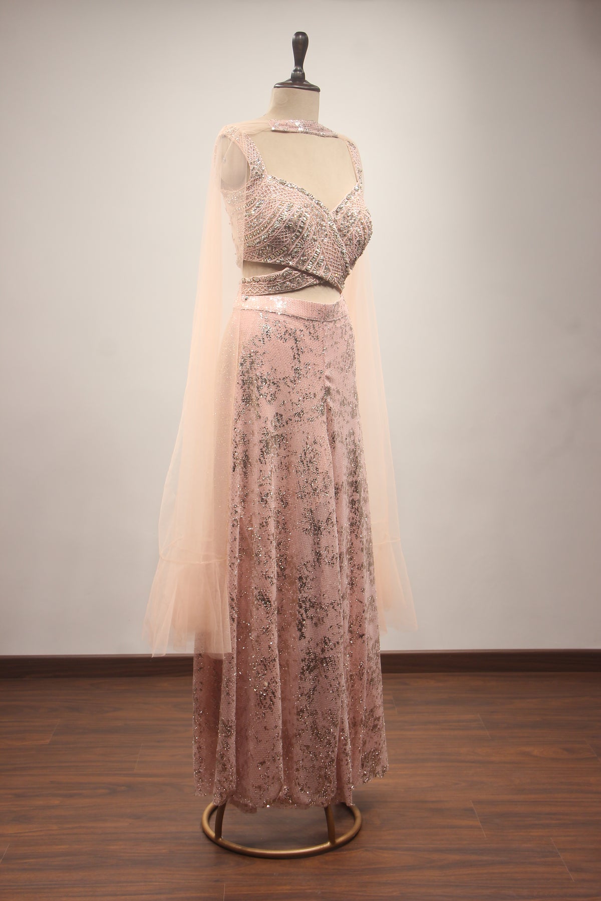 Pink Embellished Imported Fabric Crop Top with Corset Blouse, Palazzo & Choker Dupatta Indowestern Set