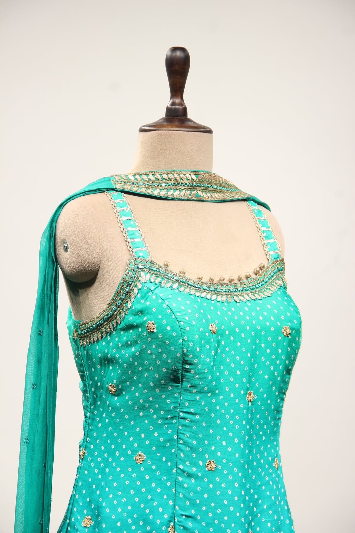 Printed Satin Sharara Suit with Gota Patti Handwork & Choker Dupatta in Green – other side close-up