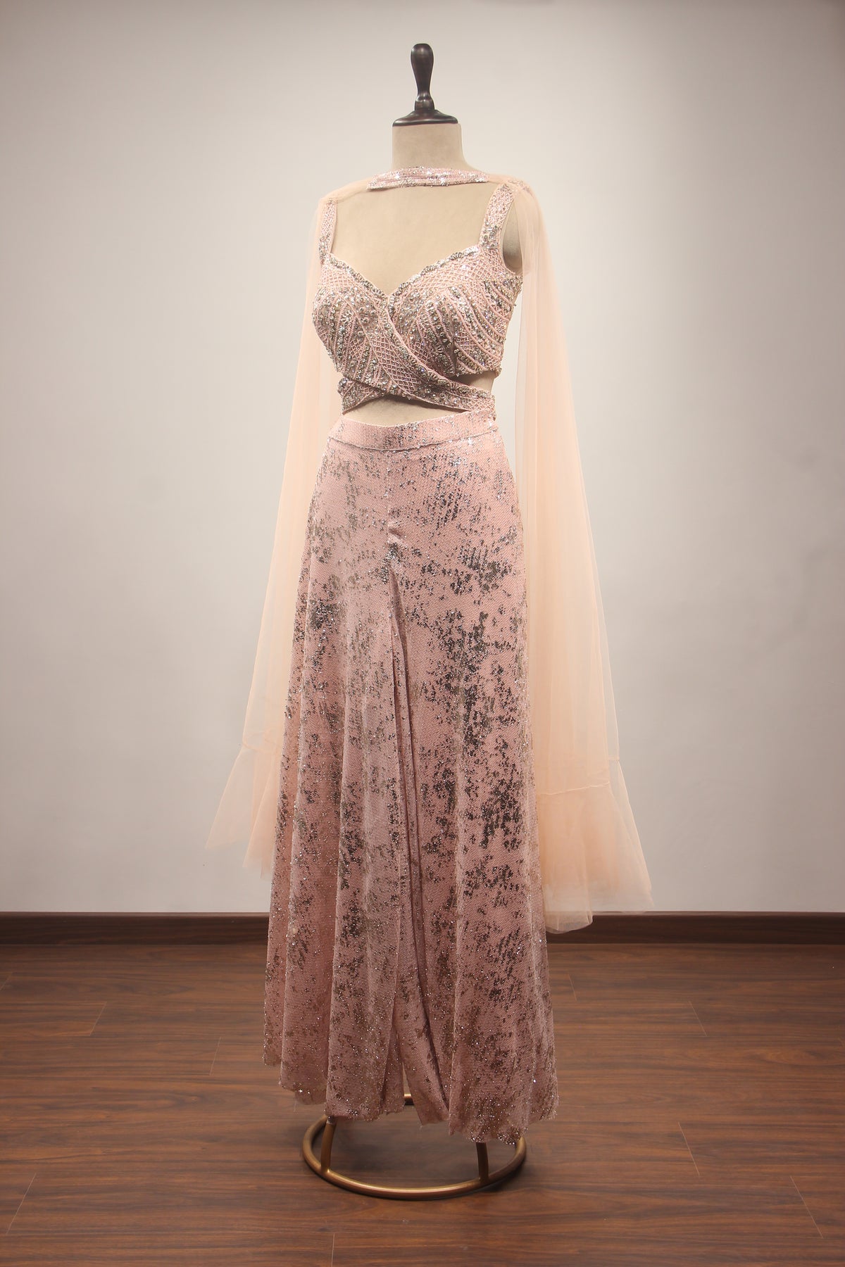 Pink Embellished Imported Fabric Crop Top with Corset Blouse, Palazzo & Choker Dupatta Indowestern Set