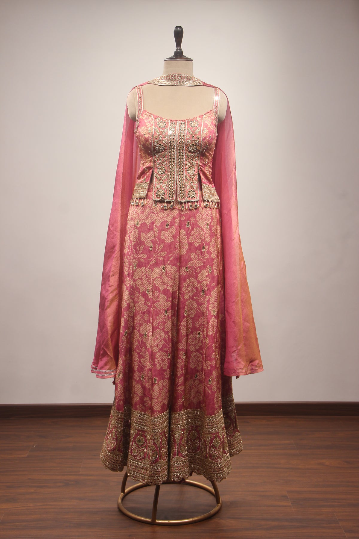 Peach Tissue Embroidered Palazzo Indowestern Set with Crop Top & Choker Dupatta – Cut Dana Mirror Zari Stone Work