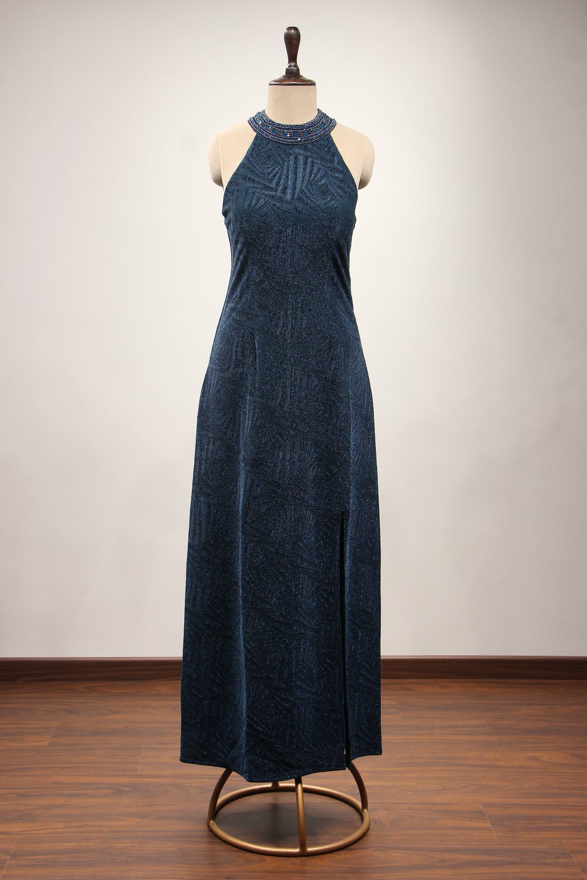 Imported Halter Neck Gown with Hand Embroidery & Stone Handwork in Blue – front view