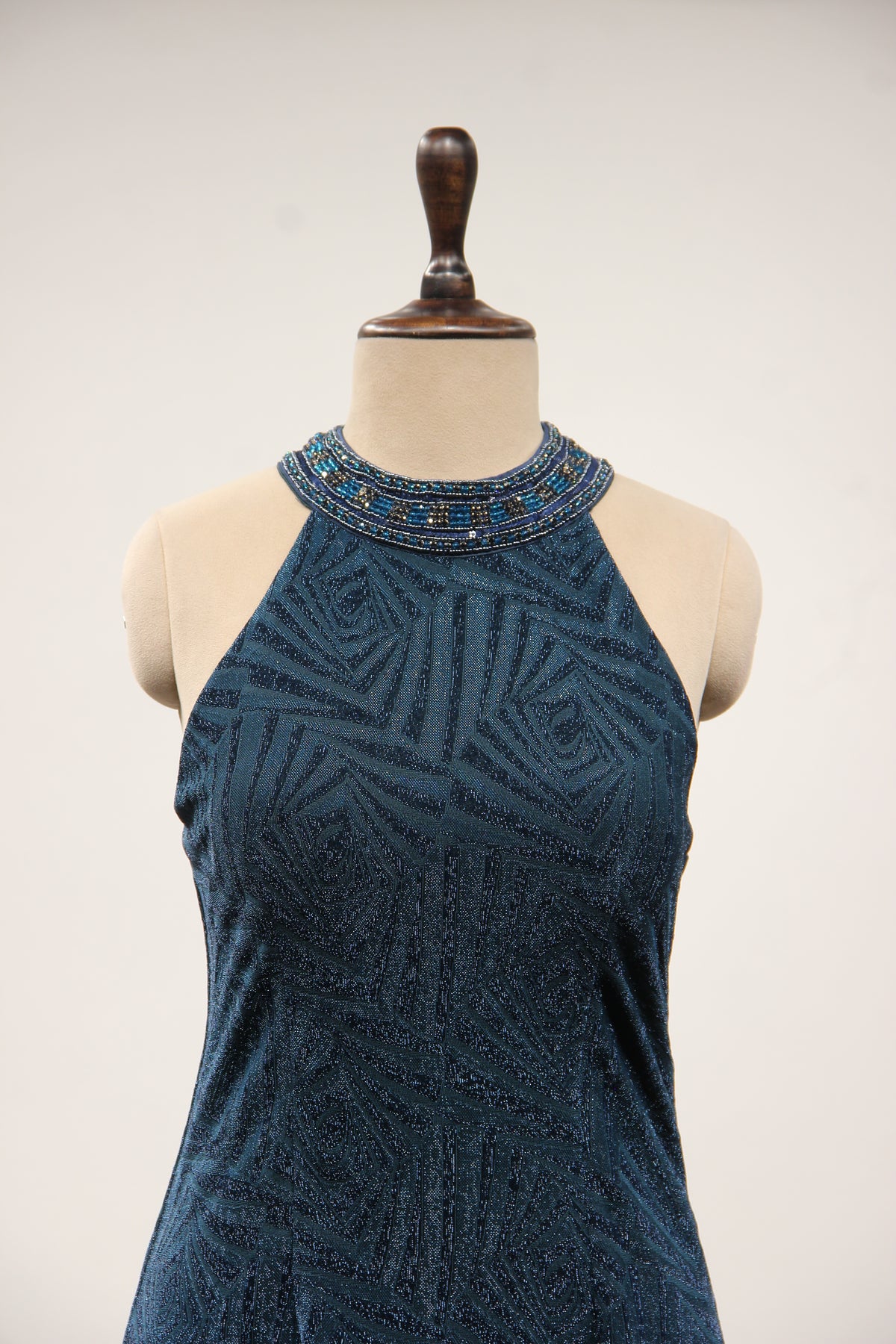Imported Halter Neck Gown with Hand Embroidery & Stone Handwork in Blue – front close-up