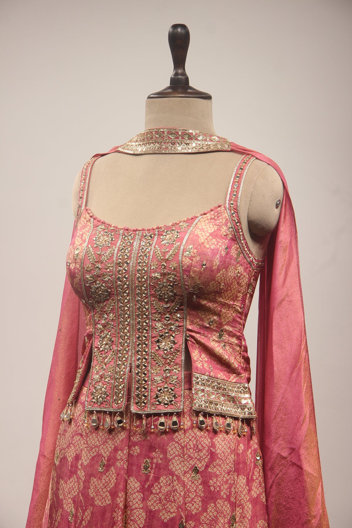 Peach Tissue Embroidered Palazzo Indowestern Set with Crop Top & Choker Dupatta – Cut Dana Mirror Zari Stone Work