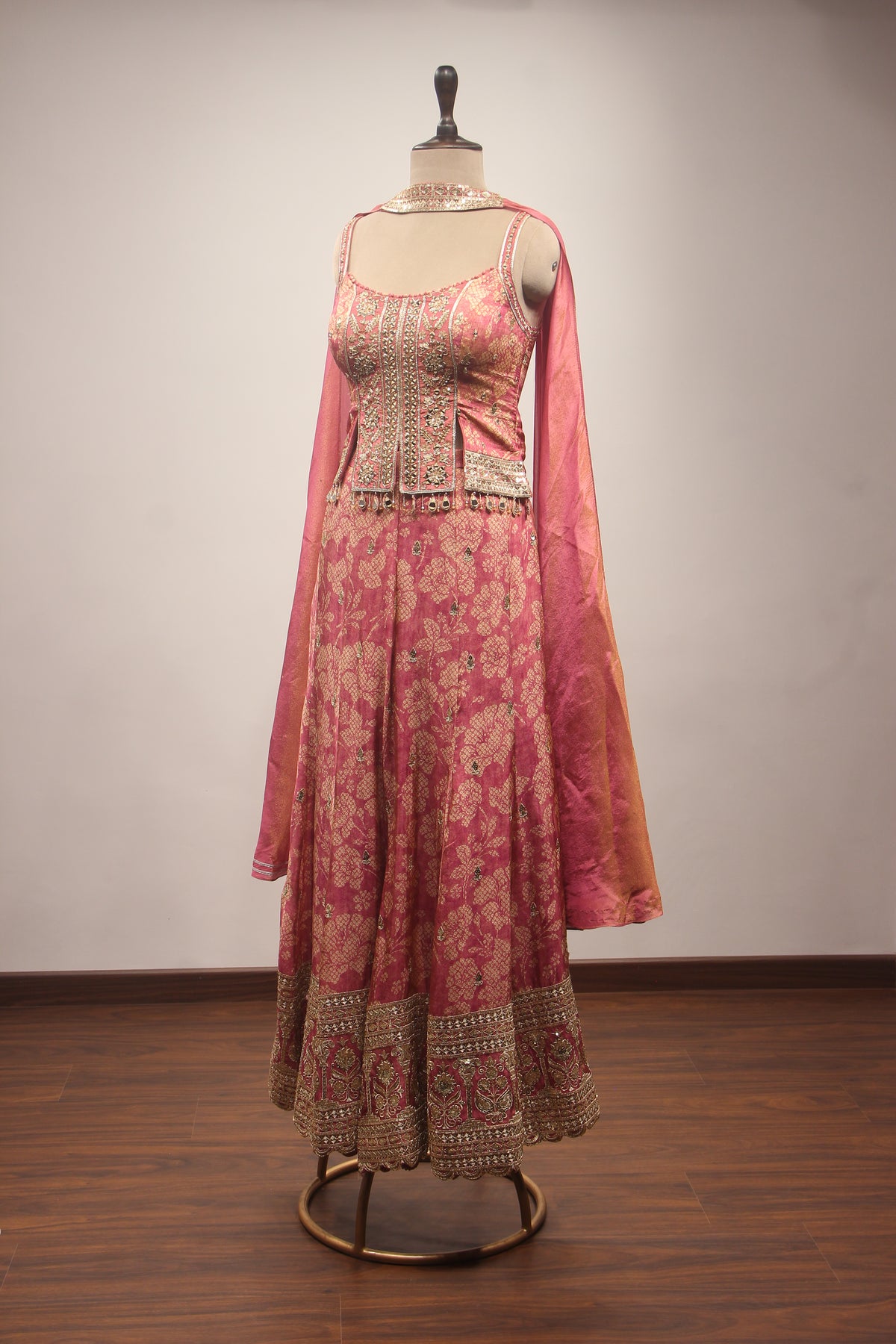Peach Tissue Embroidered Palazzo Indowestern Set with Crop Top & Choker Dupatta – Cut Dana Mirror Zari Stone Work