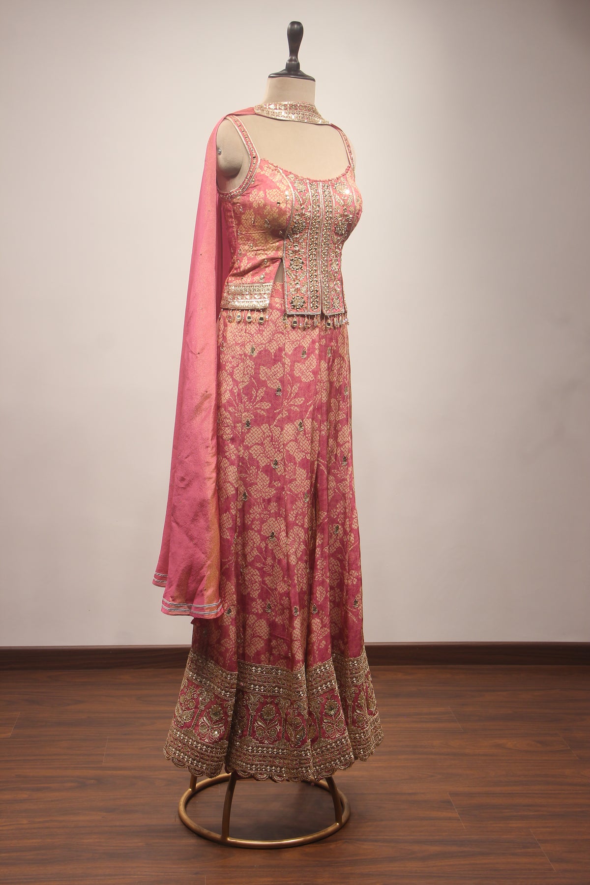 Peach Tissue Embroidered Palazzo Indowestern Set with Crop Top & Choker Dupatta – Cut Dana Mirror Zari Stone Work
