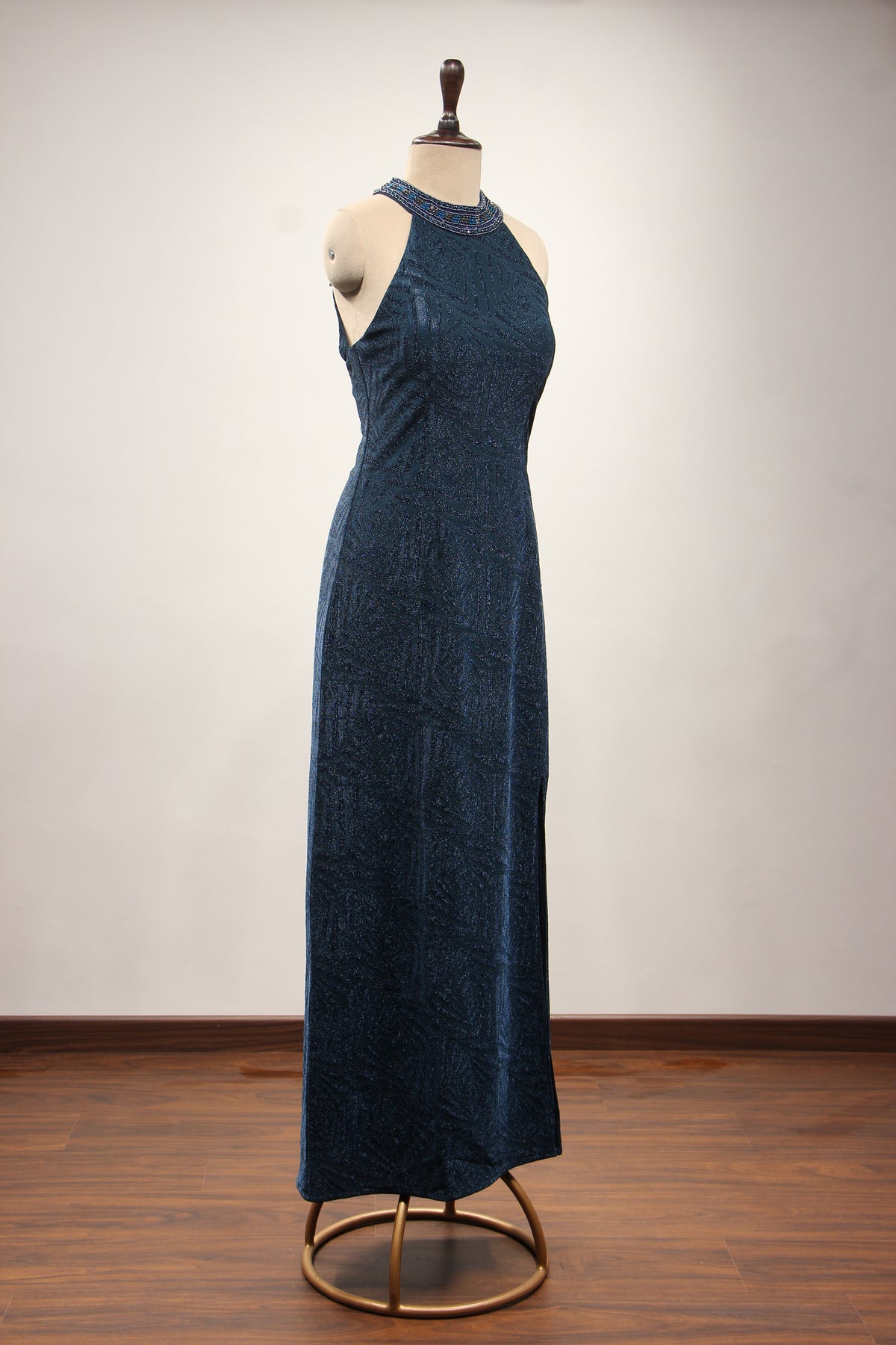 Imported Halter Neck Gown with Hand Embroidery & Stone Handwork in Blue – other side view