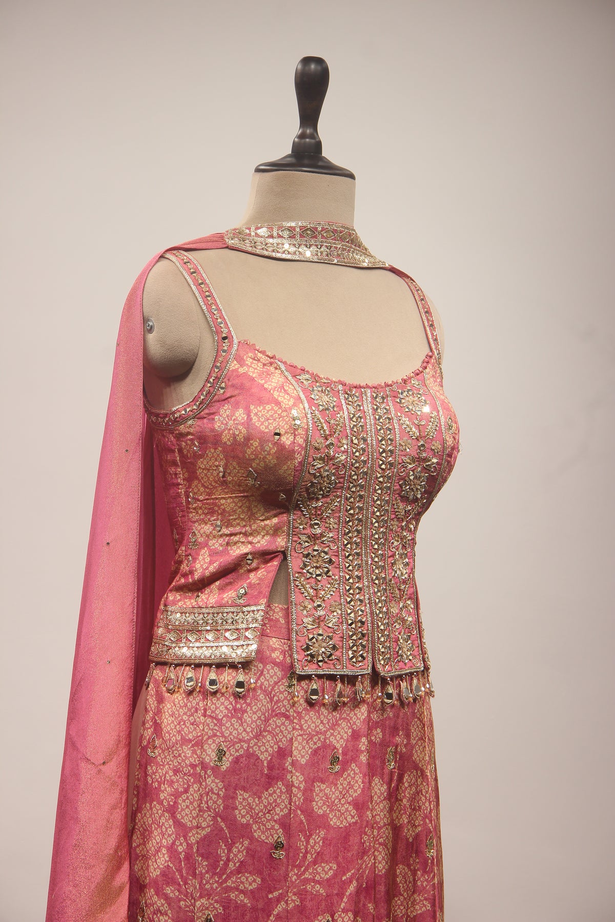 Peach Tissue Embroidered Palazzo Indowestern Set with Crop Top & Choker Dupatta – Cut Dana Mirror Zari Stone Work