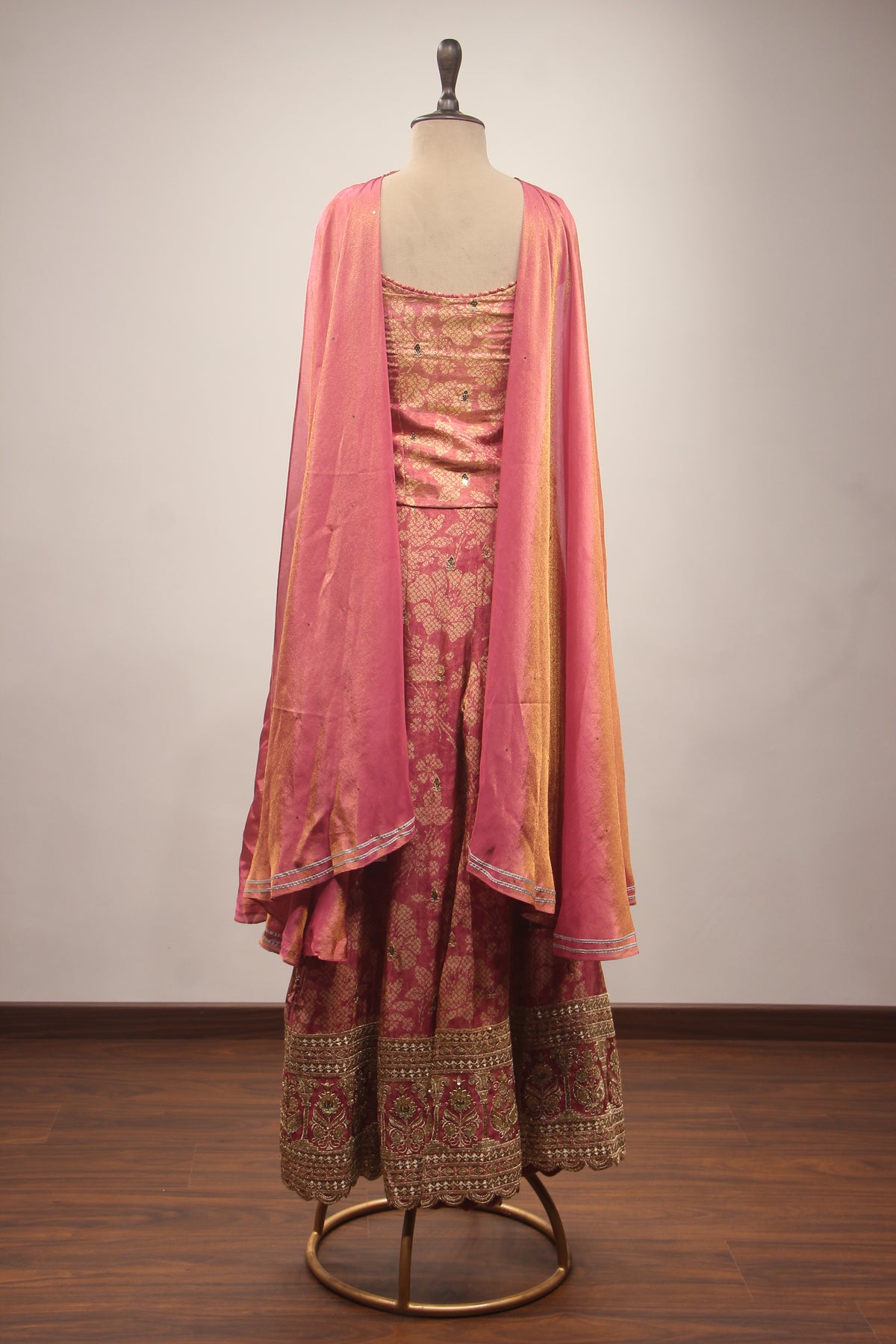 Peach Tissue Embroidered Palazzo Indowestern Set with Crop Top & Choker Dupatta – Cut Dana Mirror Zari Stone Work