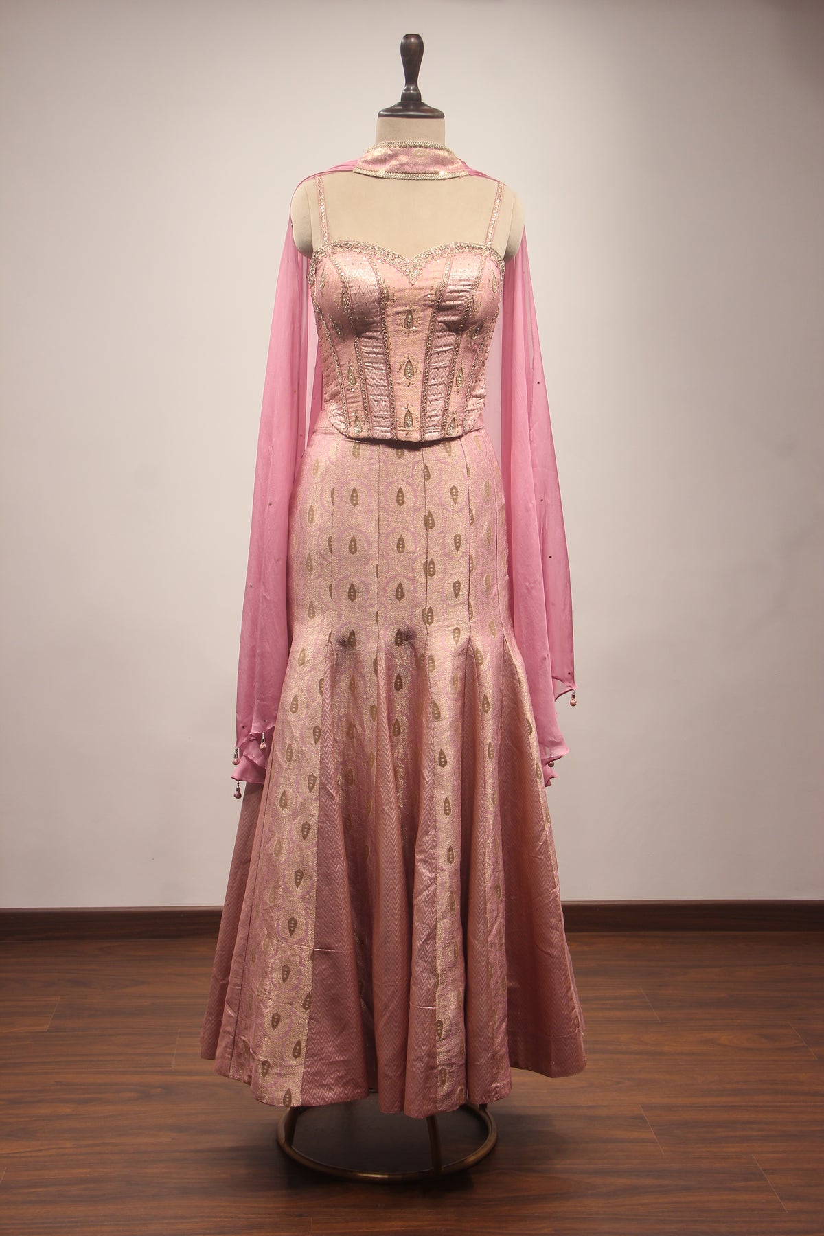 Peach Tissue Embellished Corset Blouse Fish Cut Indowestern Set with Choker Dupatta