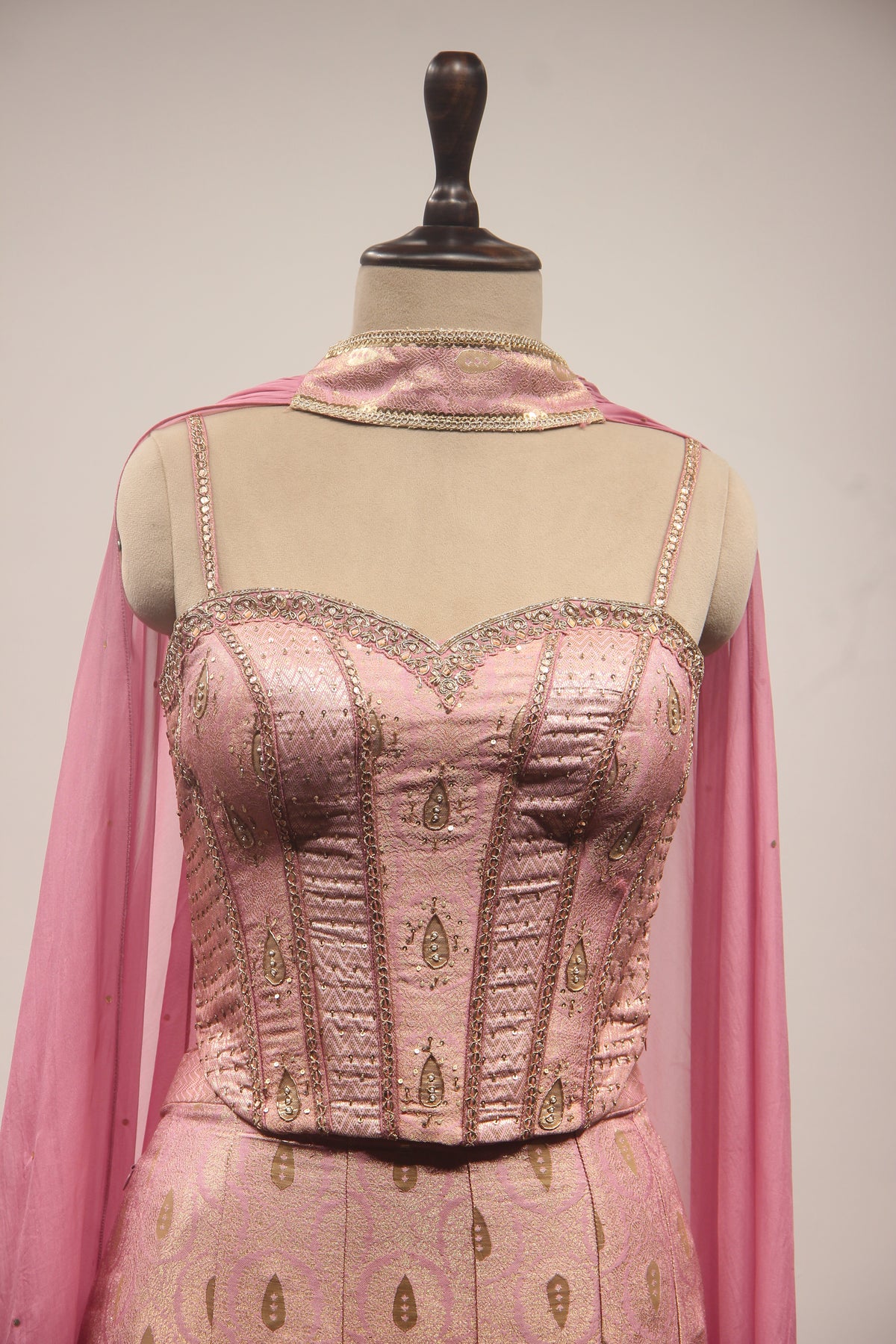 Peach Tissue Embellished Corset Blouse Fish Cut Indowestern Set with Choker Dupatta