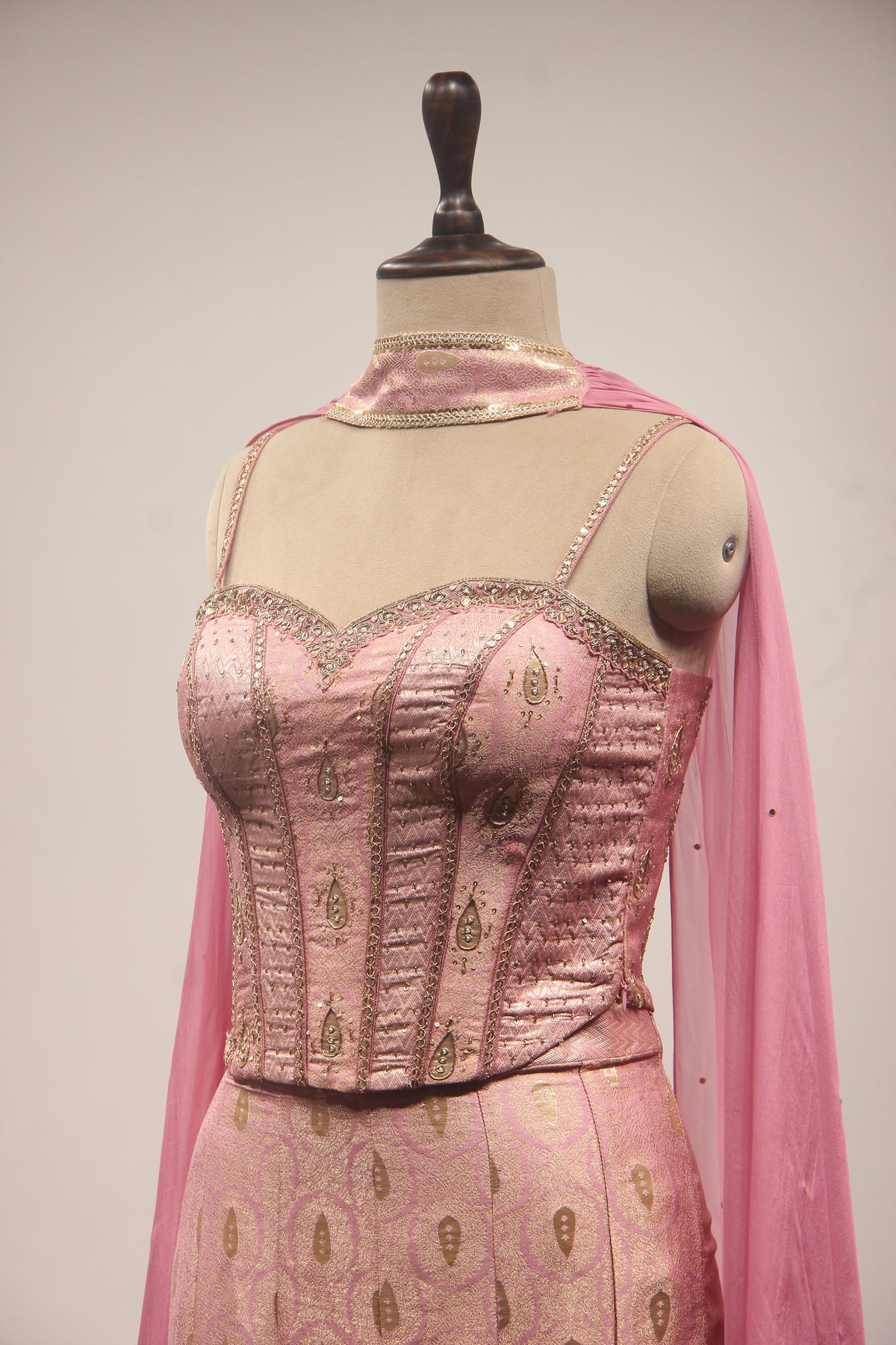 Peach Tissue Embellished Corset Blouse Fish Cut Indowestern Set with Choker Dupatta
