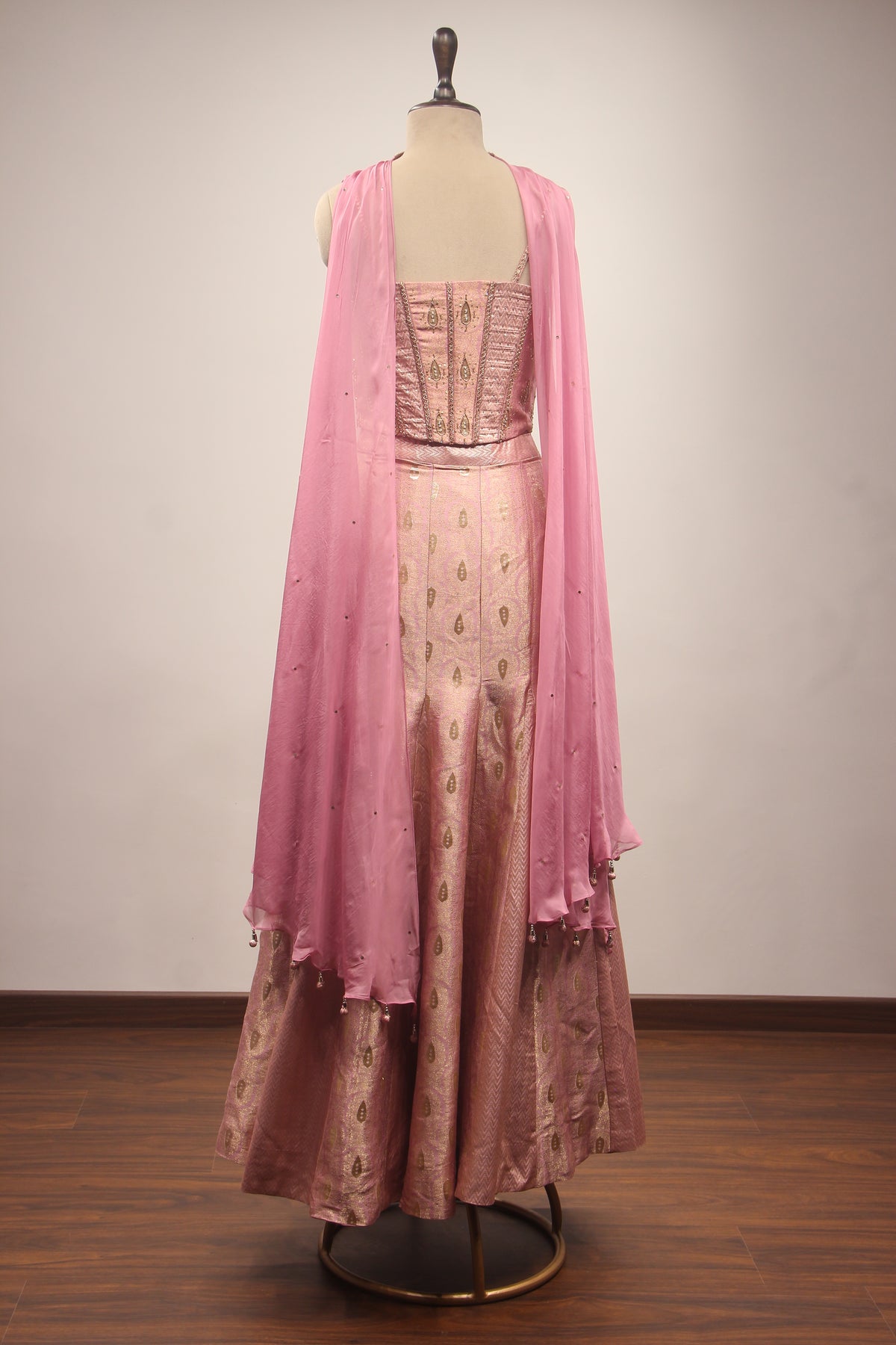 Peach Tissue Embellished Corset Blouse Fish Cut Indowestern Set with Choker Dupatta