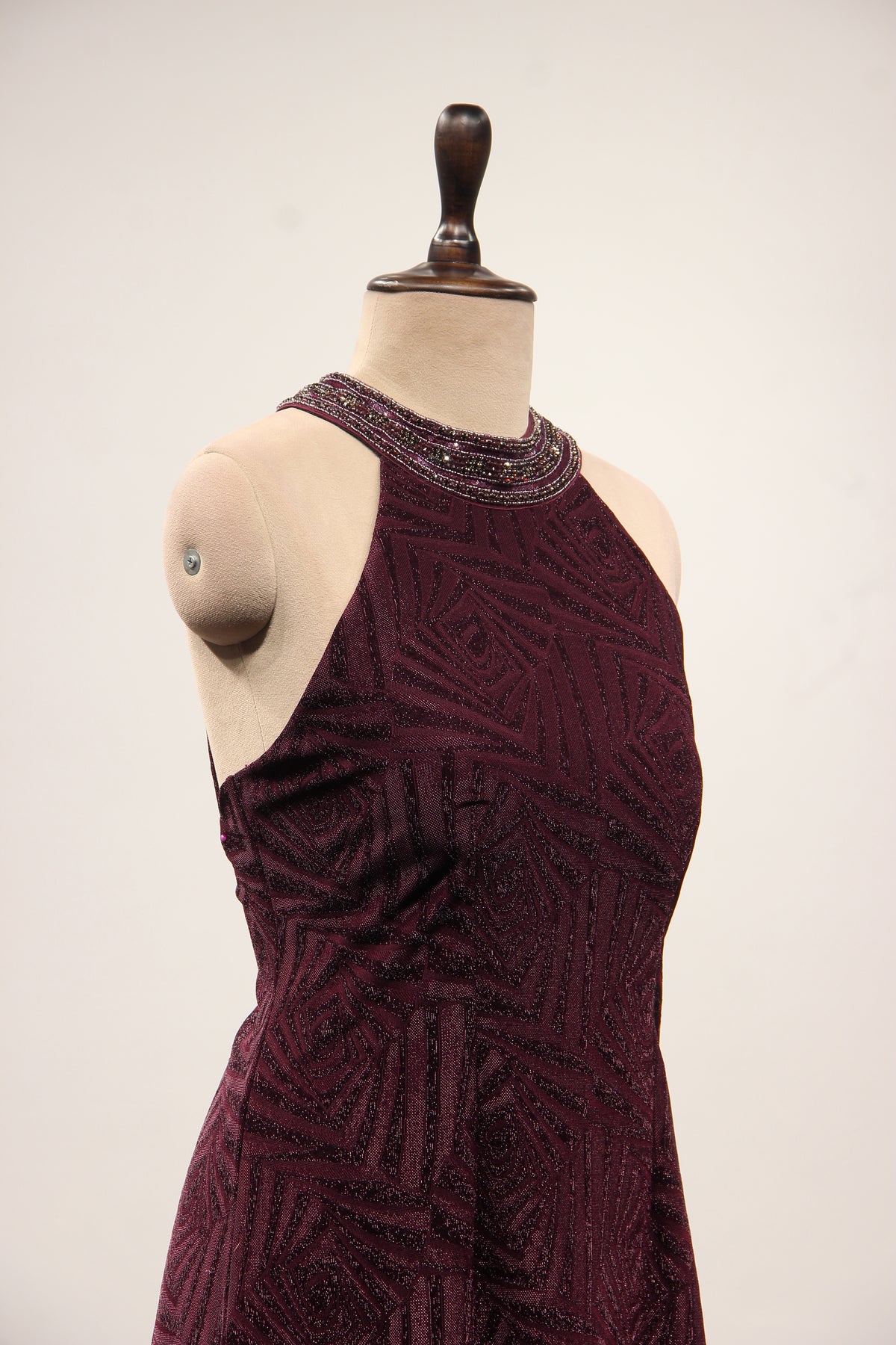 Imported Halter Neck Gown with Hand Embroidery & Stone Handwork in Wine – other side close-up