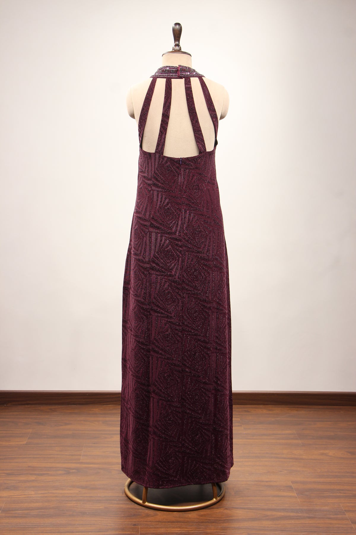 Imported Halter Neck Gown with Hand Embroidery & Stone Handwork in Wine – back view
