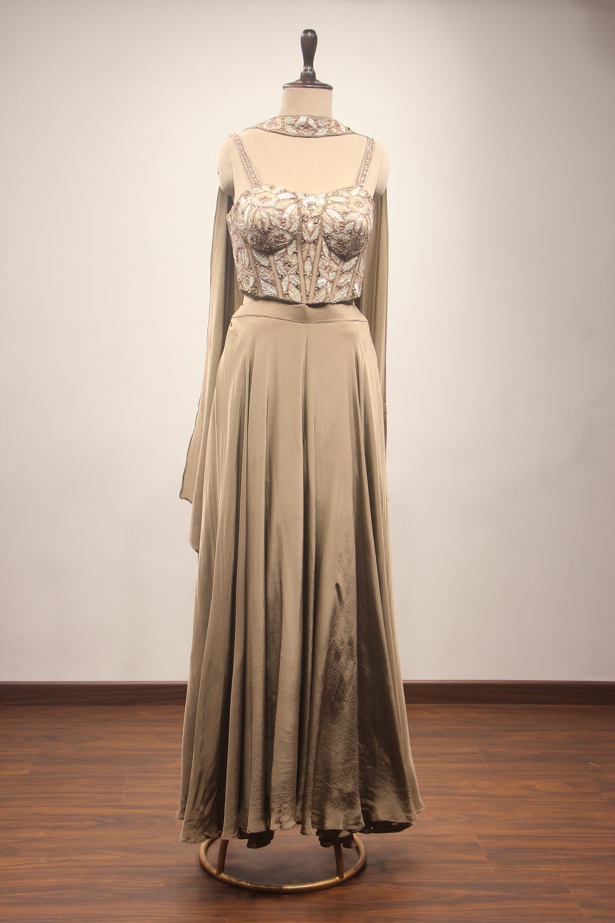 Coffee Crepe Indo Western Palazzo Set with Cut Dana & Mirror Handwork – front view