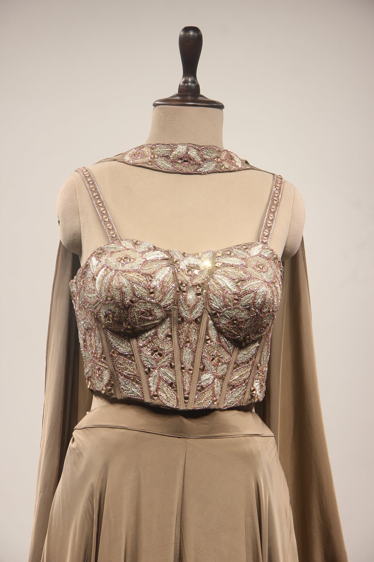 Coffee Crepe Indo Western Palazzo Set with Cut Dana & Mirror Handwork – front close-up