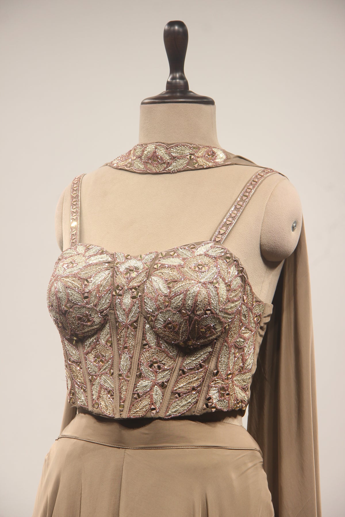 Coffee Crepe Indo Western Palazzo Set with Cut Dana & Mirror Handwork – side close-up