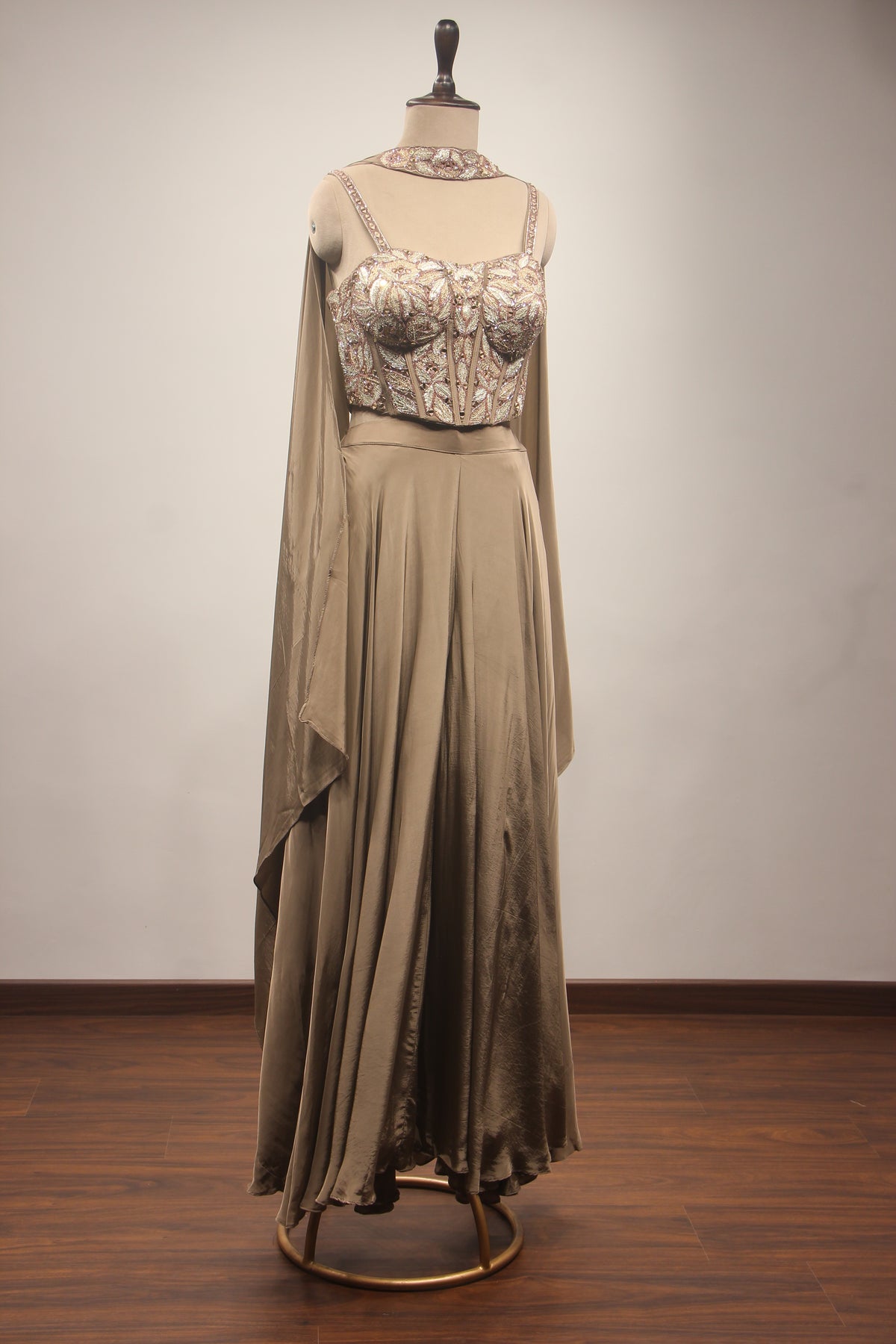 Coffee Crepe Indo Western Palazzo Set with Cut Dana & Mirror Handwork – other side view