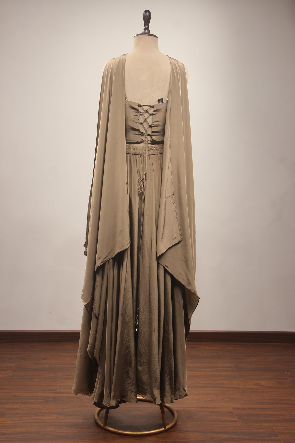 Coffee Crepe Indo Western Palazzo Set with Cut Dana & Mirror Handwork – back view