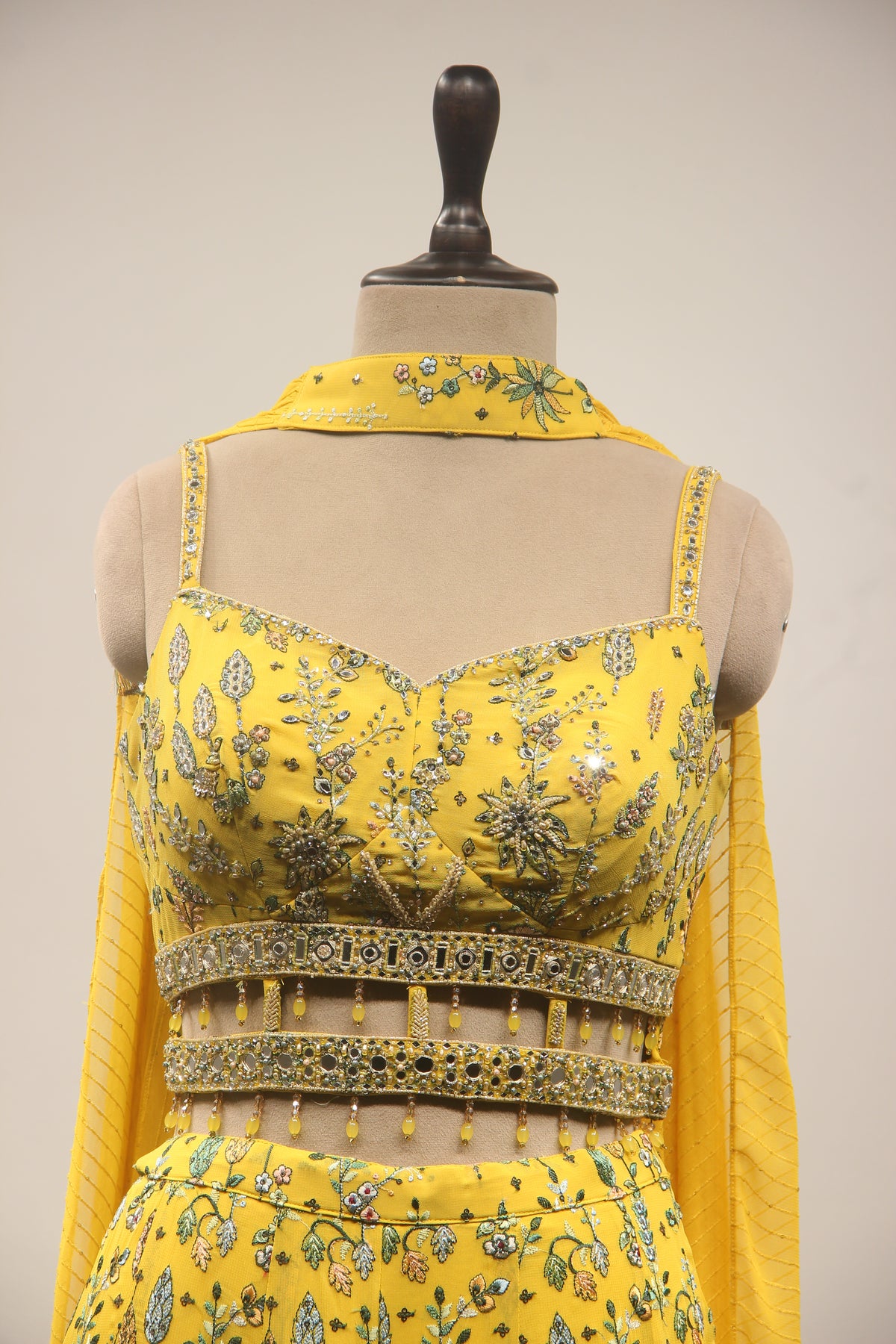 Lemon Yellow Georgette Indowestern with Mirror & Sequin Handwork