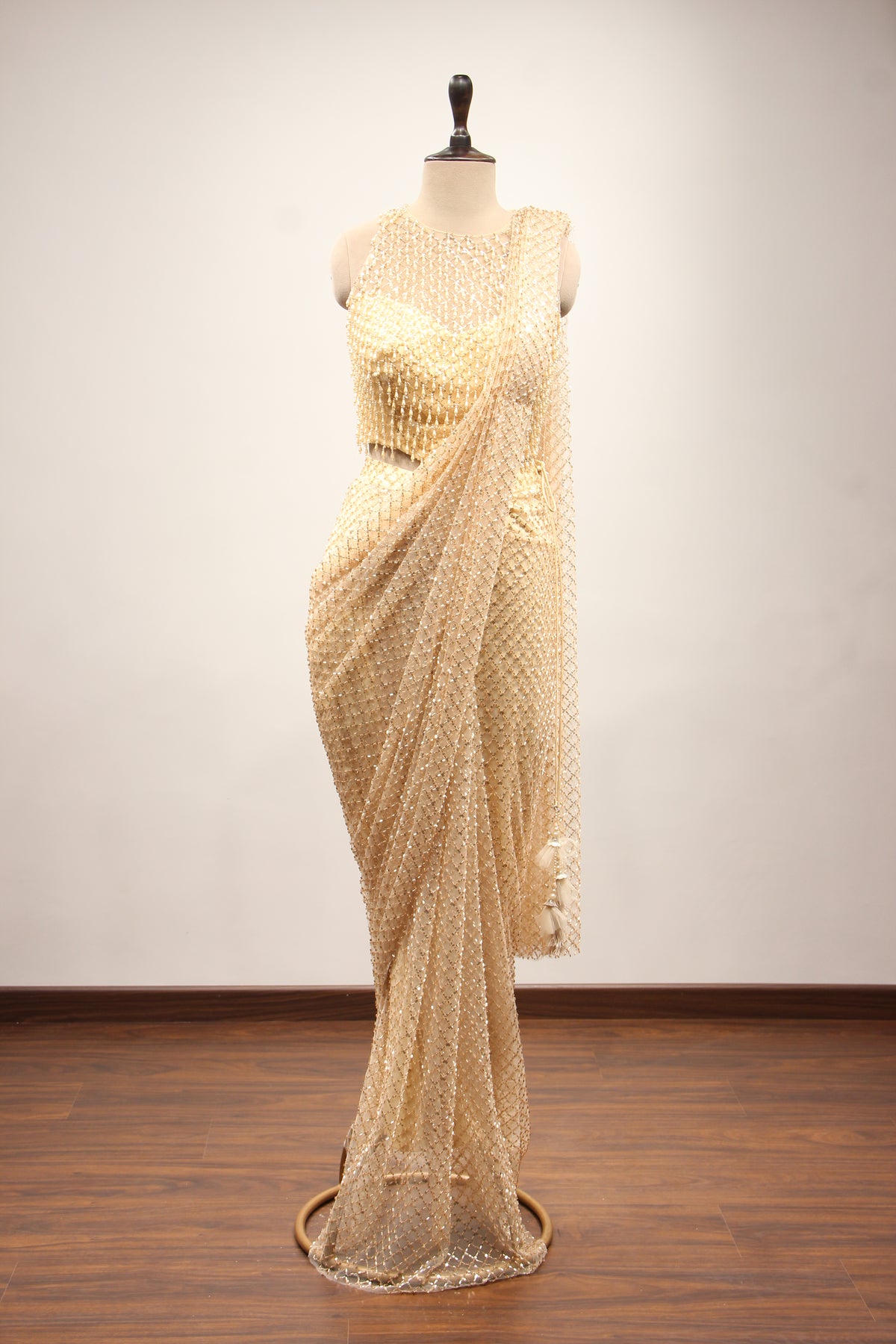 Gold Imported Halter Neck Drape Saree with Cut Dana & Sequin Handwork – front view