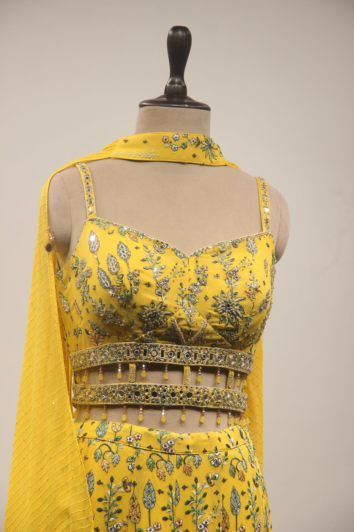Lemon Yellow Georgette Indowestern with Mirror & Sequin Handwork