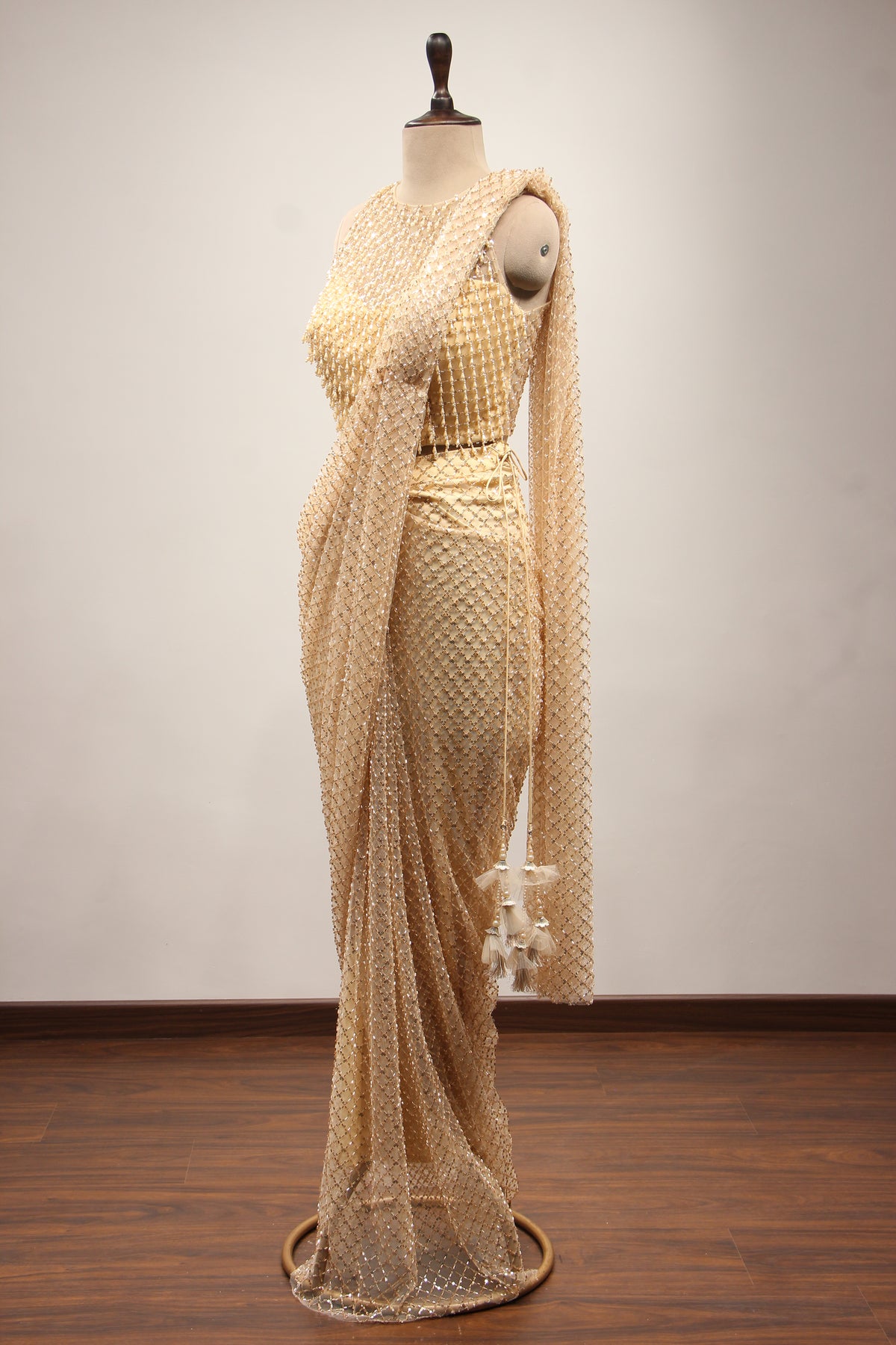 Gold Imported Halter Neck Drape Saree with Cut Dana & Sequin Handwork – side view