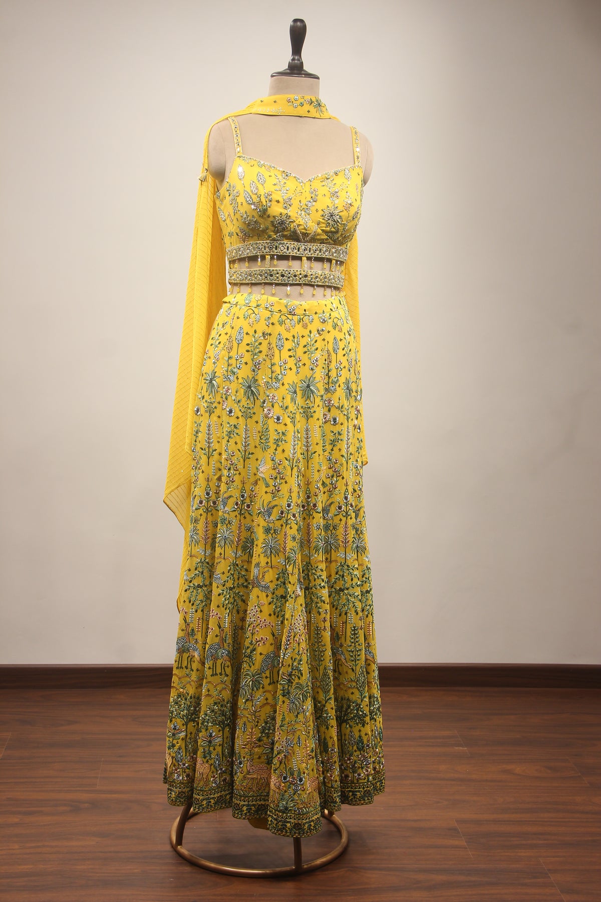 Lemon Yellow Georgette Indowestern with Mirror & Sequin Handwork