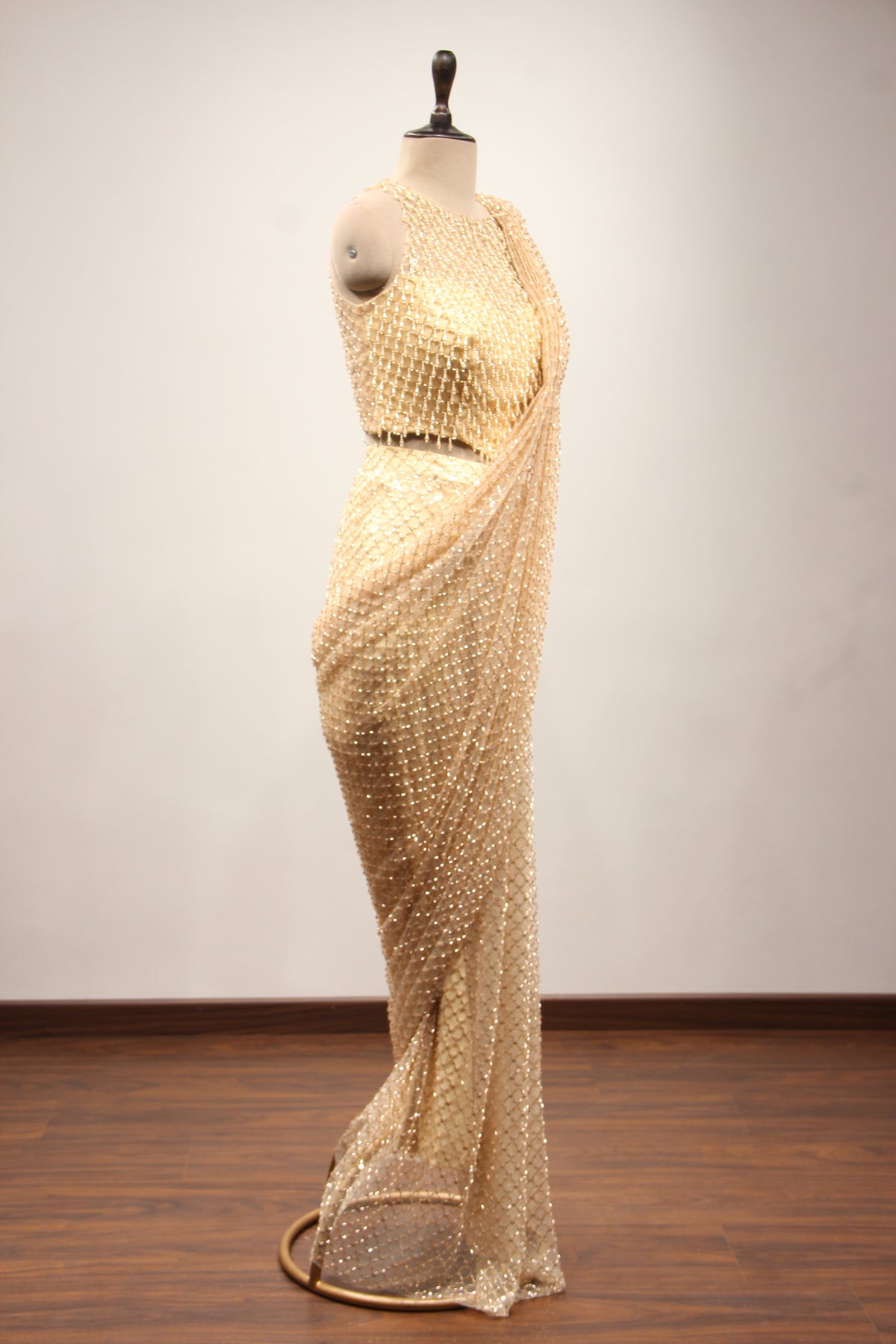 Gold Imported Halter Neck Drape Saree with Cut Dana & Sequin Handwork – other side view