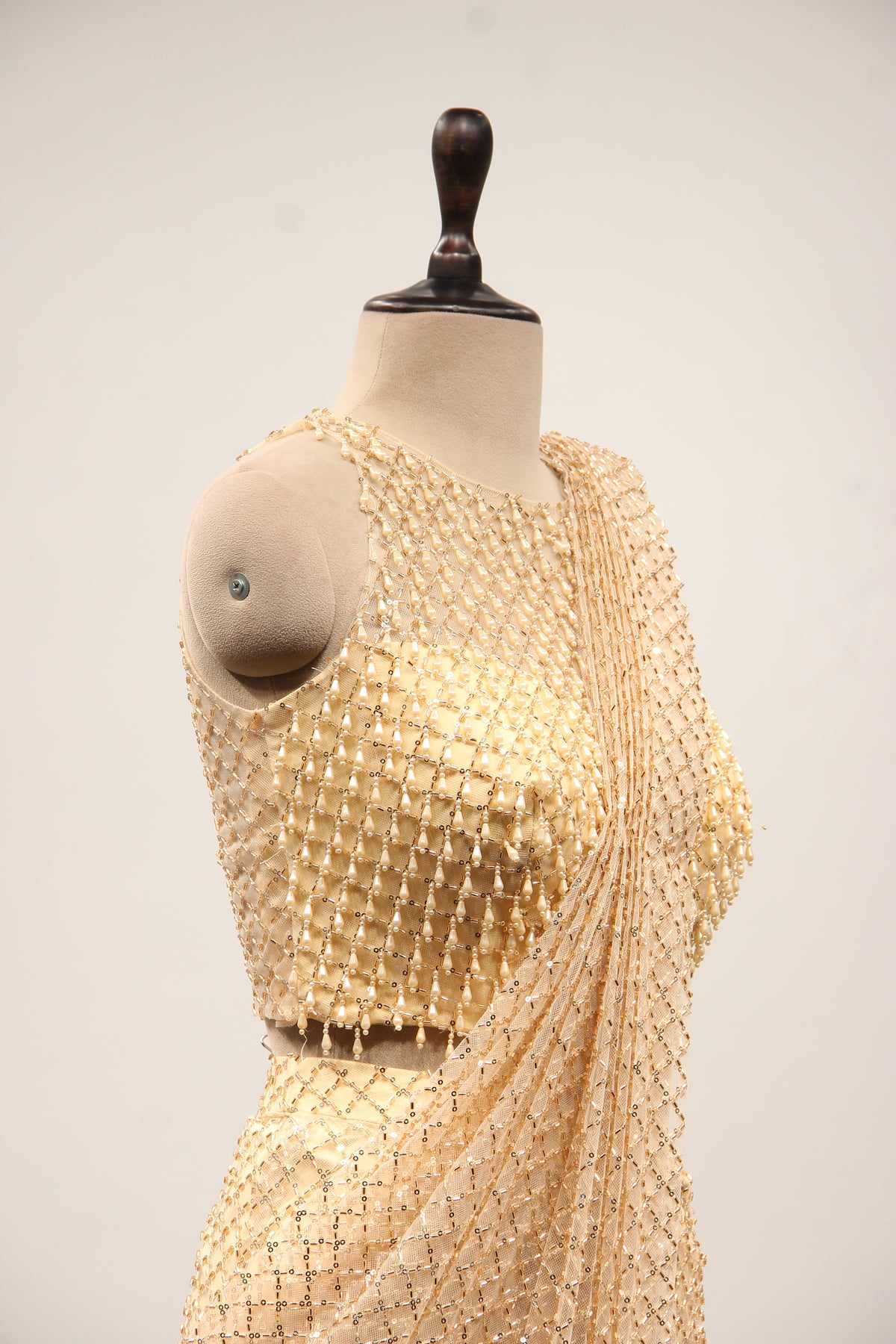 Gold Imported Halter Neck Drape Saree with Cut Dana & Sequin Handwork – other side close-up