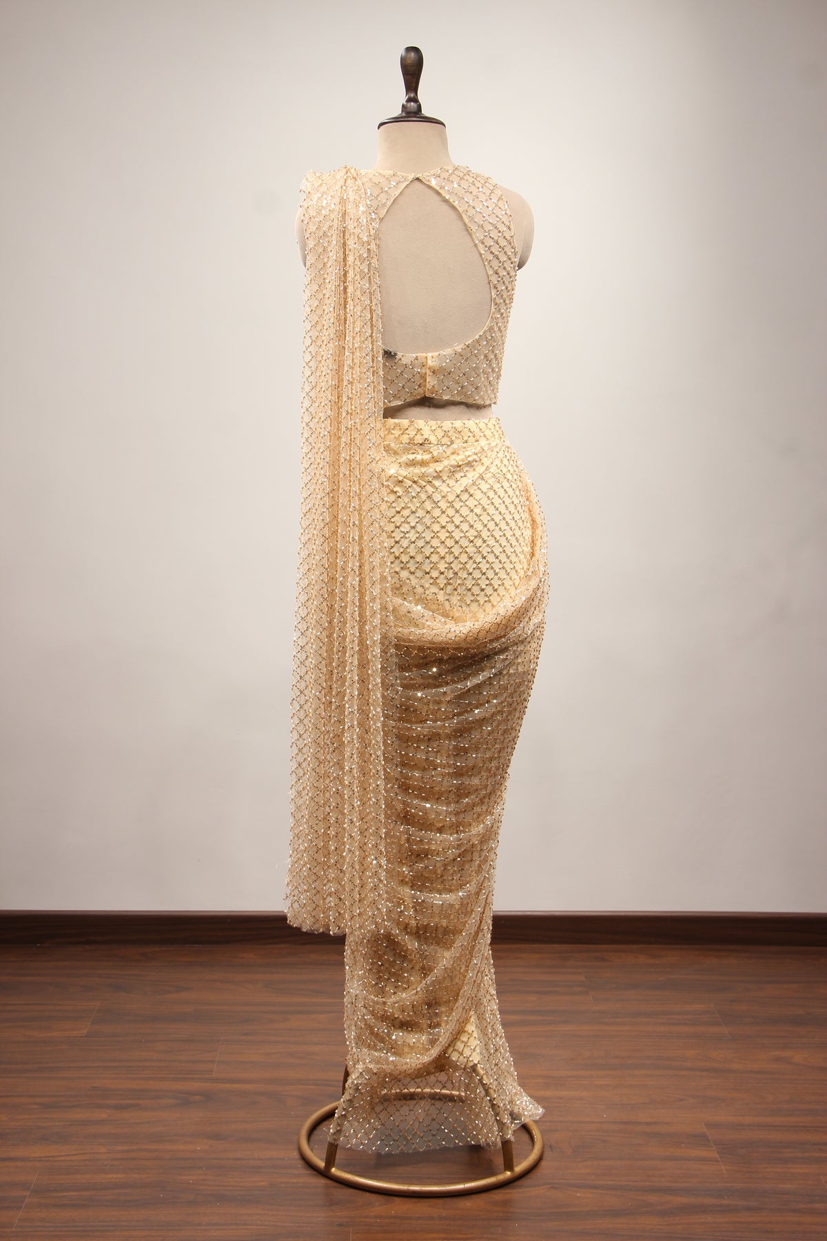 Gold Imported Halter Neck Drape Saree with Cut Dana & Sequin Handwork – back view