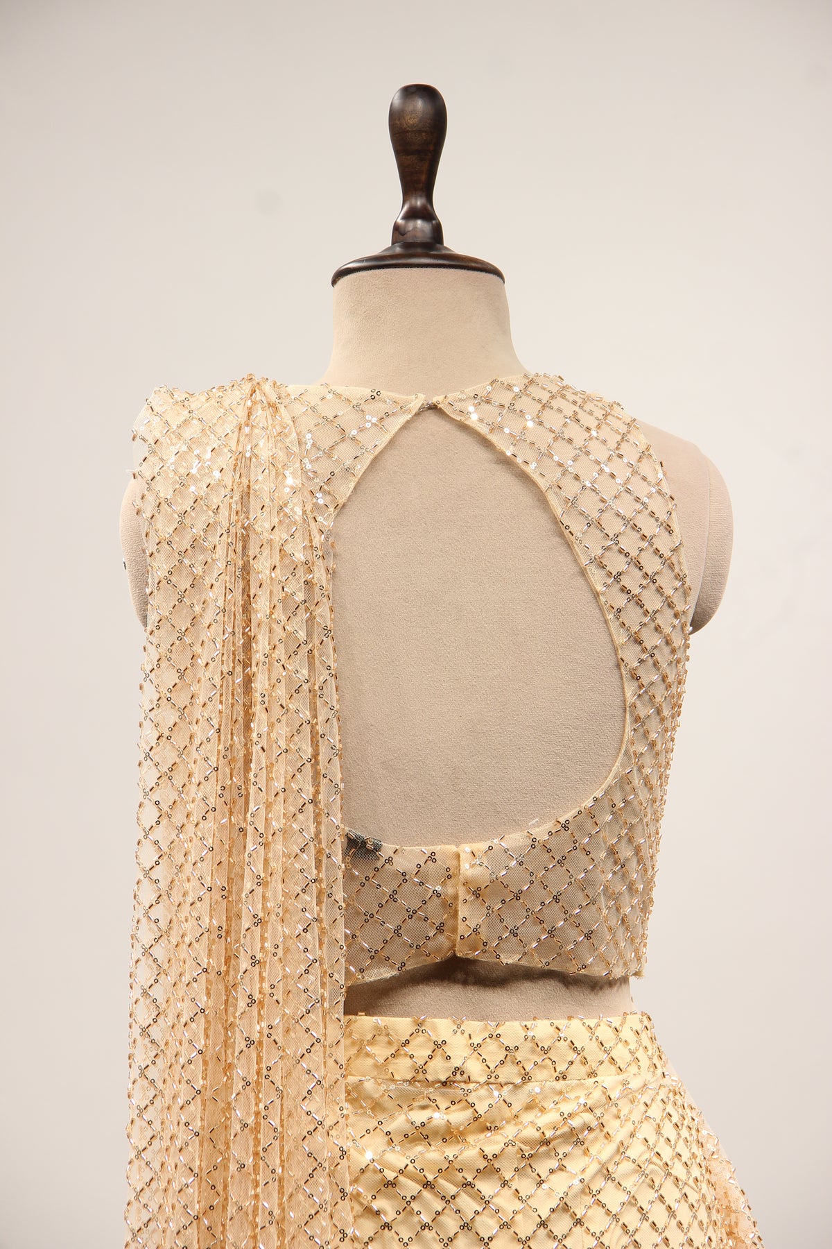 Gold Imported Halter Neck Drape Saree with Cut Dana & Sequin Handwork – back close-up
