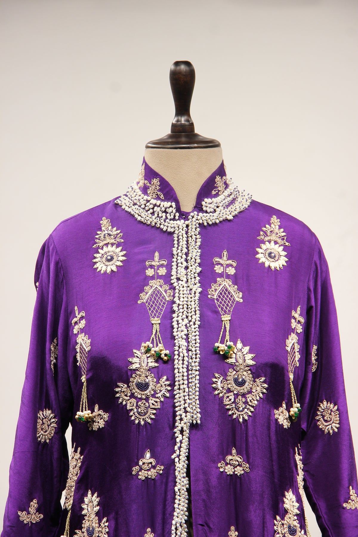 Purple Dupion Jacket Lehenga with Hand Embroidery & Bead Handwork – front close-up, with jacket