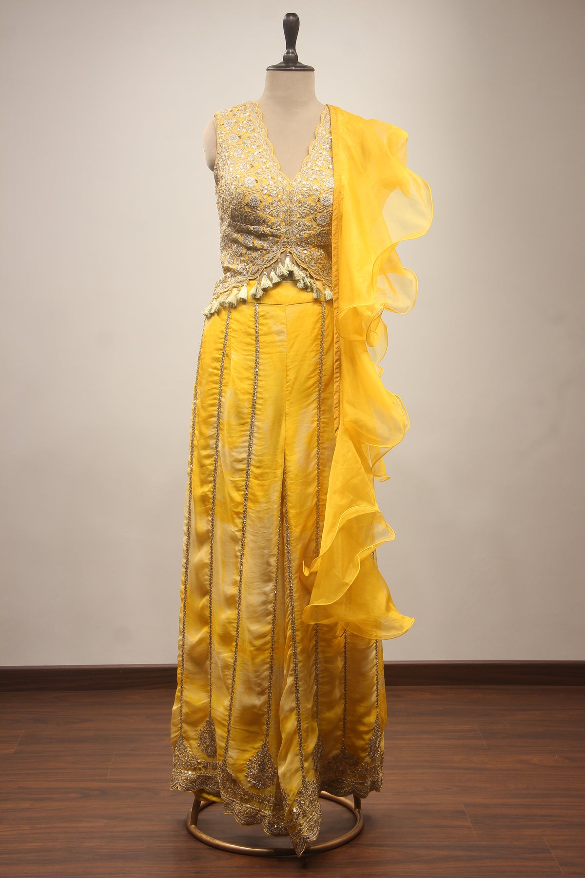 Yellow Organza IndoWestern Long Top with Zari & Gota Patti Handwork