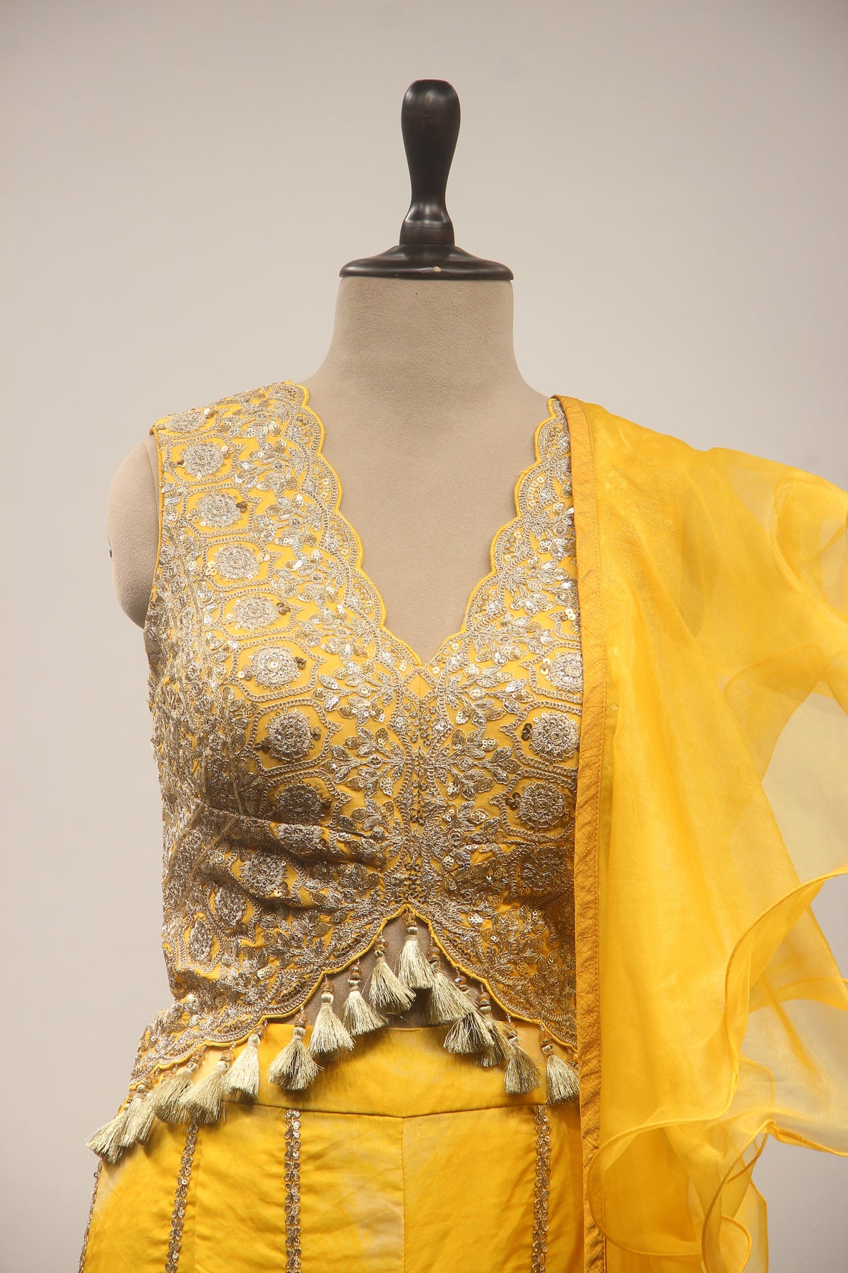 Yellow Organza IndoWestern Long Top with Zari & Gota Patti Handwork