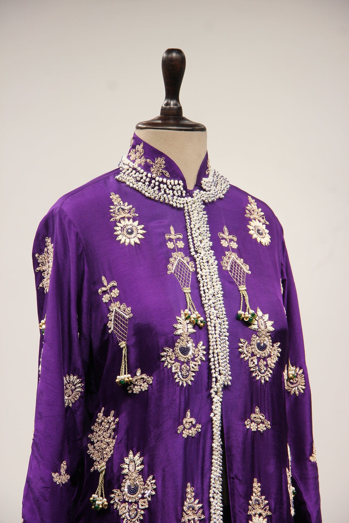Purple Dupion Jacket Lehenga with Hand Embroidery & Bead Handwork – other side close-up, with jacket