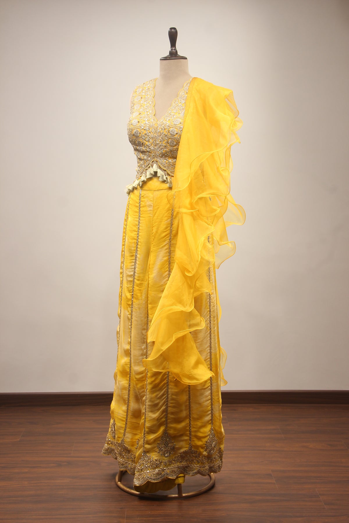 Yellow Organza IndoWestern Long Top with Zari & Gota Patti Handwork