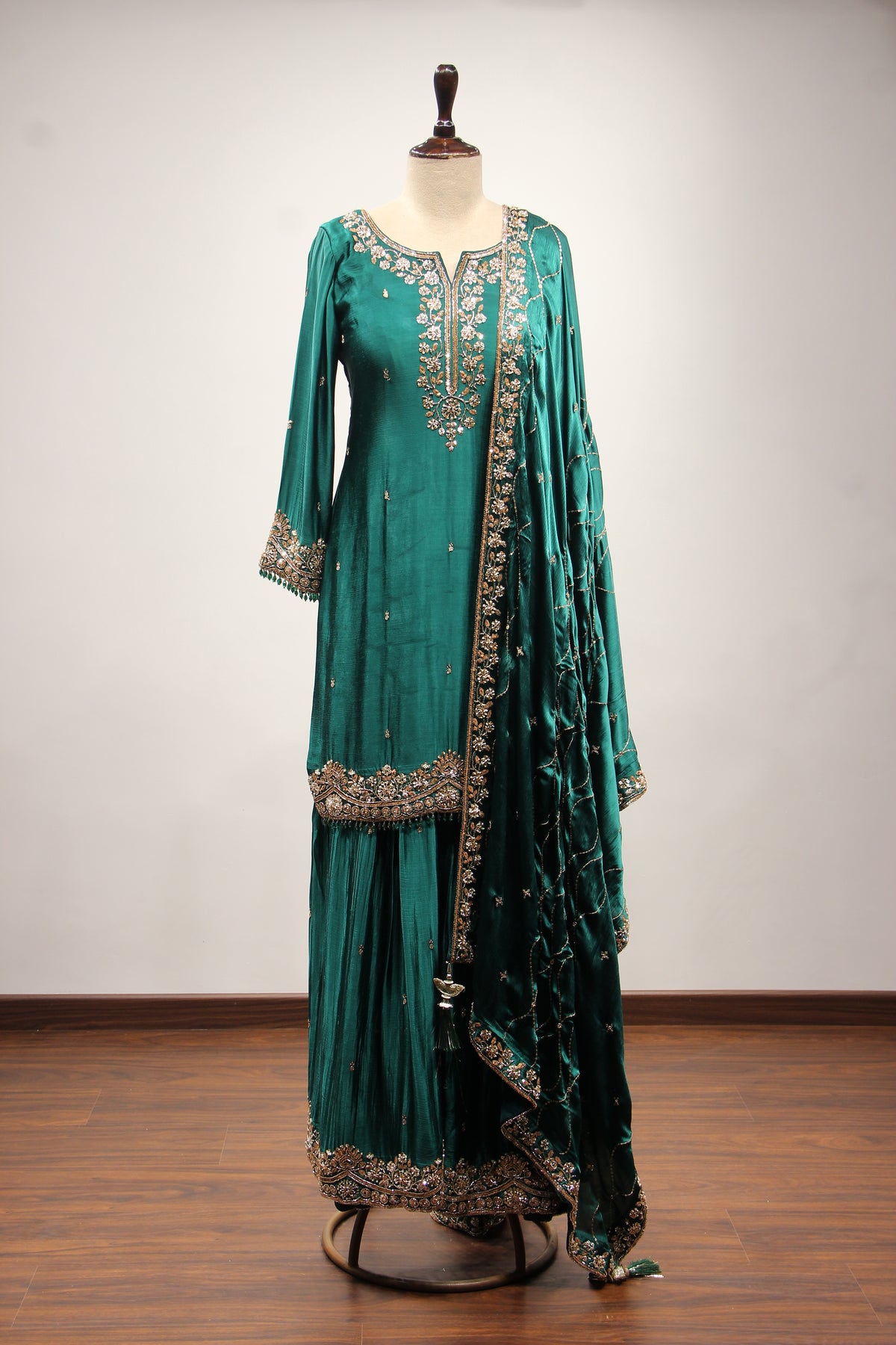 Bottle Green Satin Sharara Suit with Cut Dana & Sequin Handwork – front view