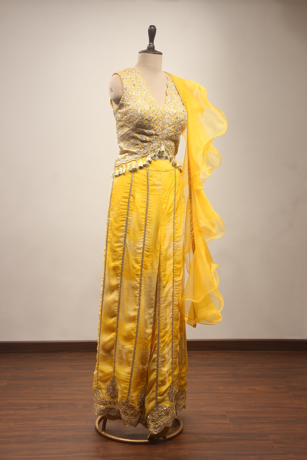 Yellow Organza IndoWestern Long Top with Zari & Gota Patti Handwork