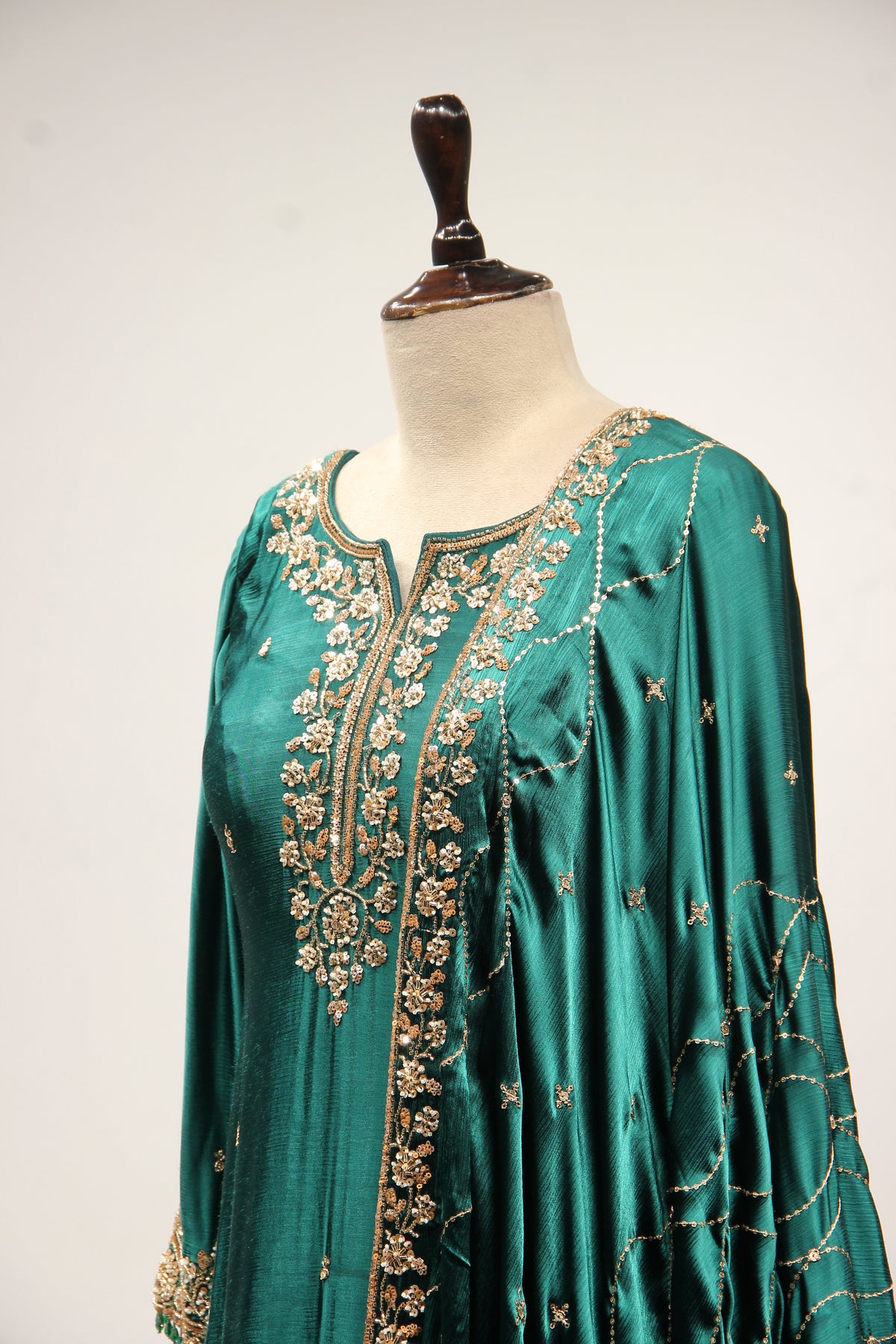 Bottle Green Satin Sharara Suit with Cut Dana & Sequin Handwork – side close-up