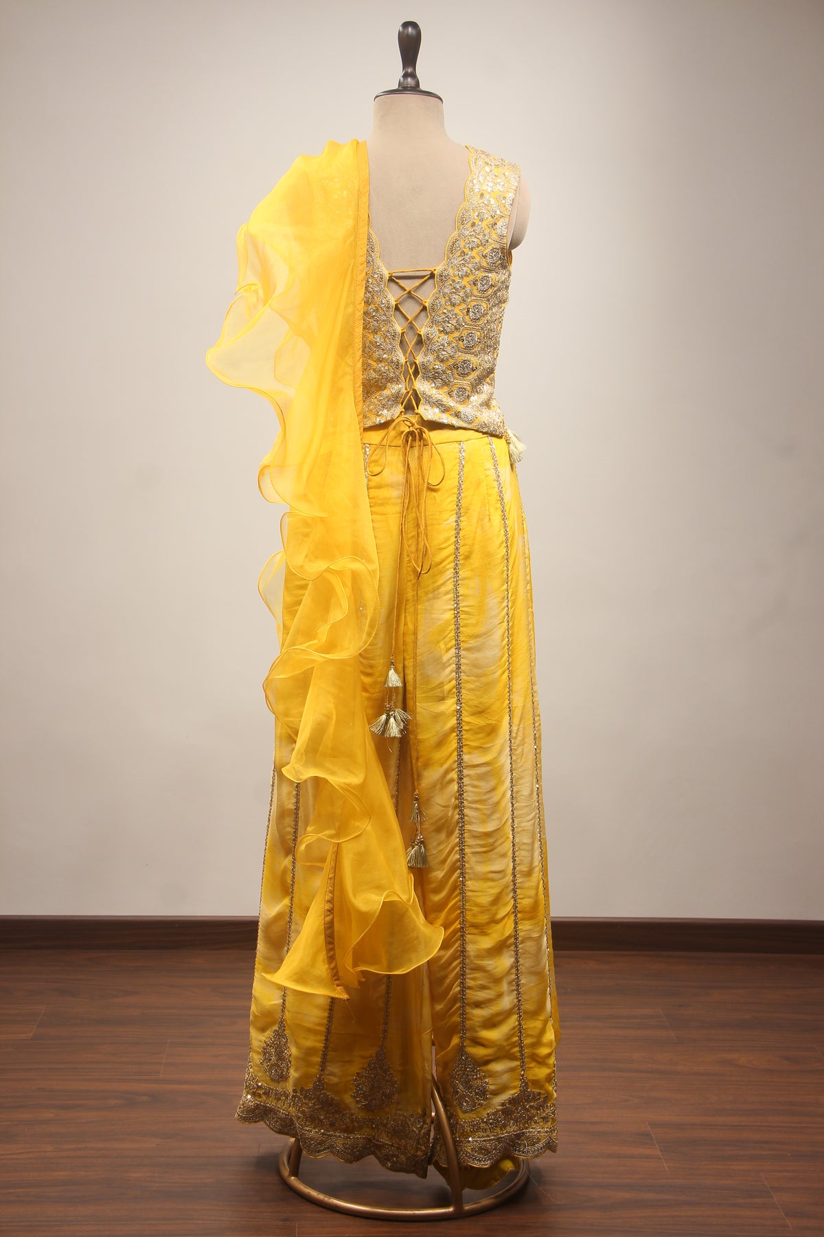 Yellow Organza IndoWestern Long Top with Zari & Gota Patti Handwork