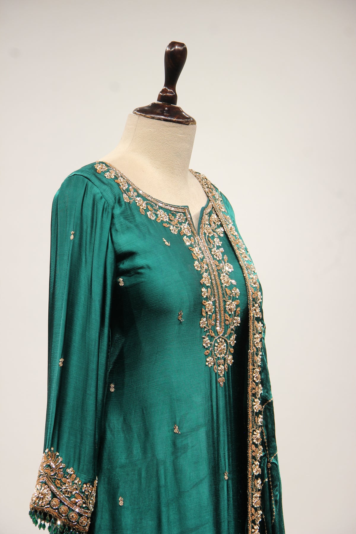 Bottle Green Satin Sharara Suit with Cut Dana & Sequin Handwork – other side close-up