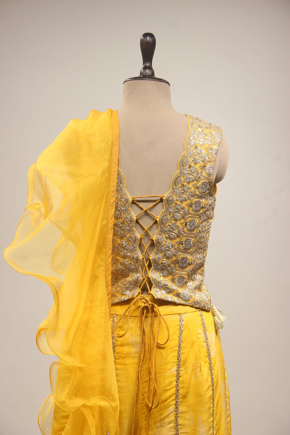 Yellow Organza IndoWestern Long Top with Zari & Gota Patti Handwork