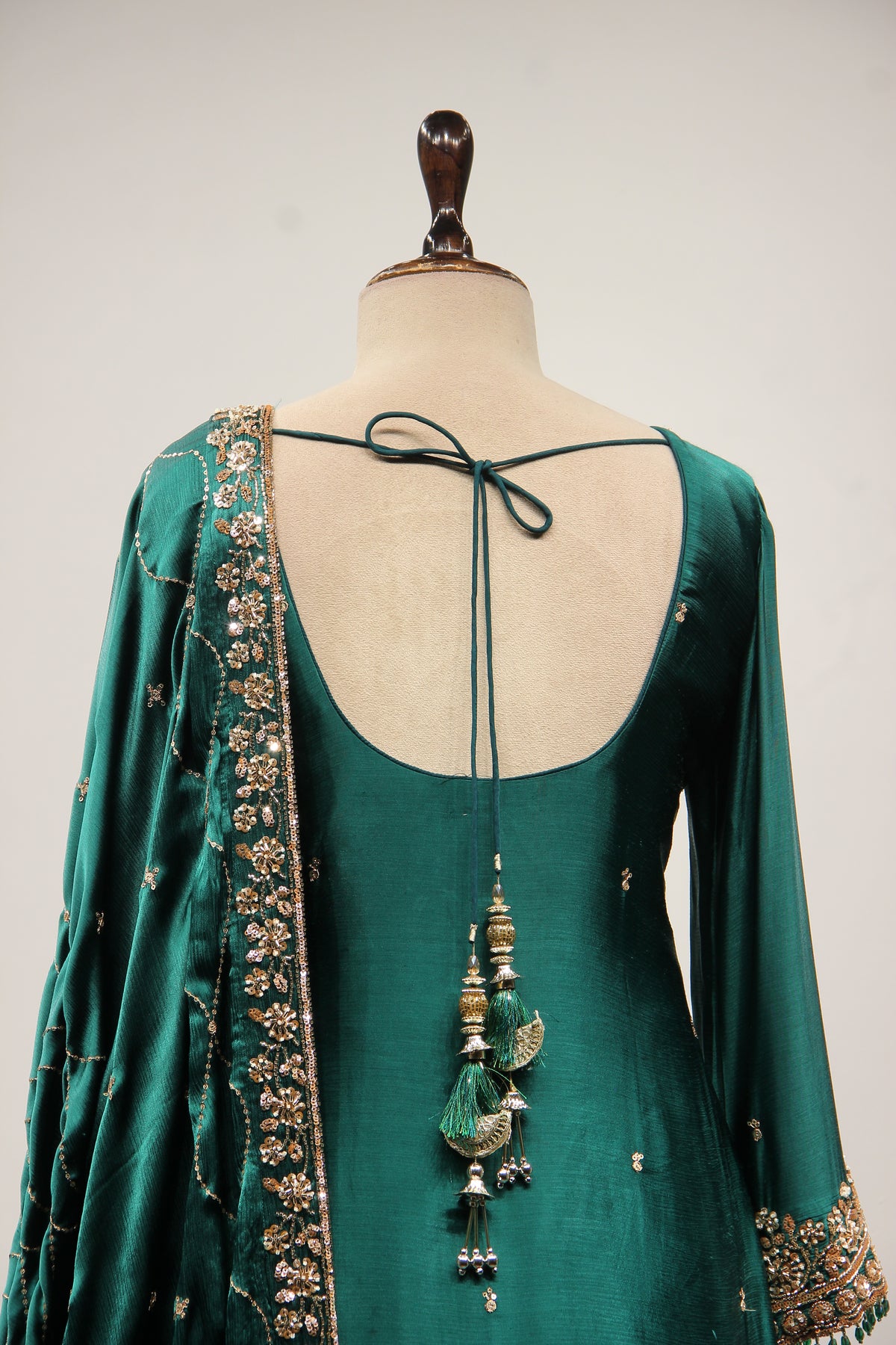 Bottle Green Satin Sharara Suit with Cut Dana & Sequin Handwork – back close-up