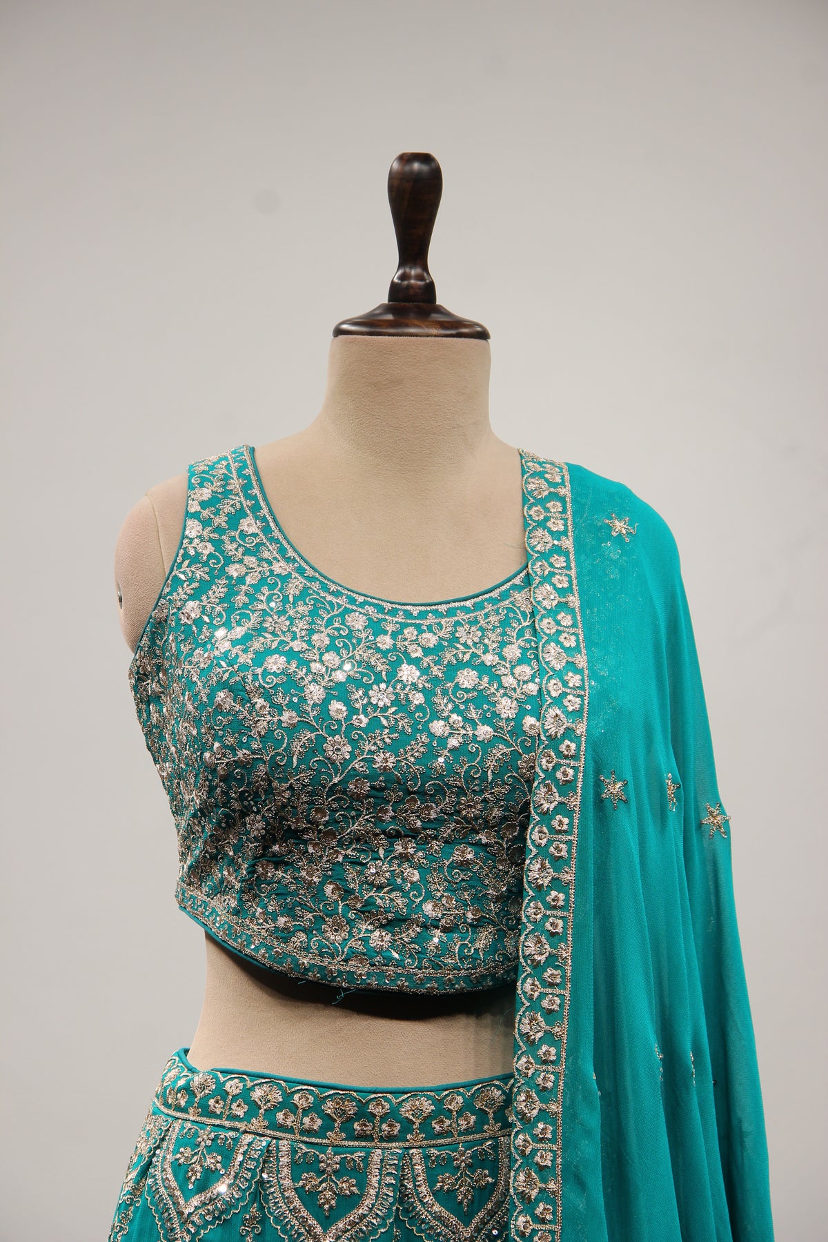 Rama Green Georgette Lehenga with Zari & Sequin Handwork Crop Top – front close-up